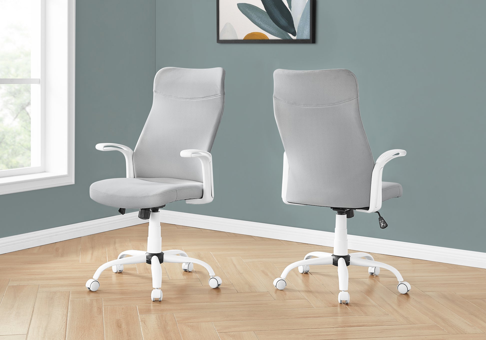 Modern gray fabric office chair with white armrests and base on casters