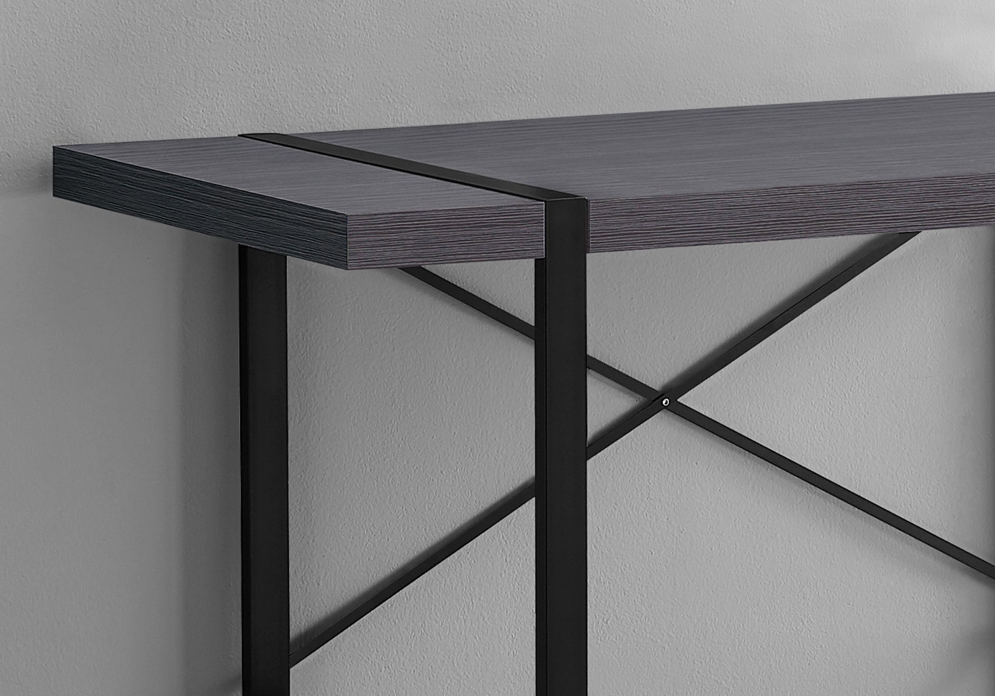 Dark gray wood grain console table with black metal frame