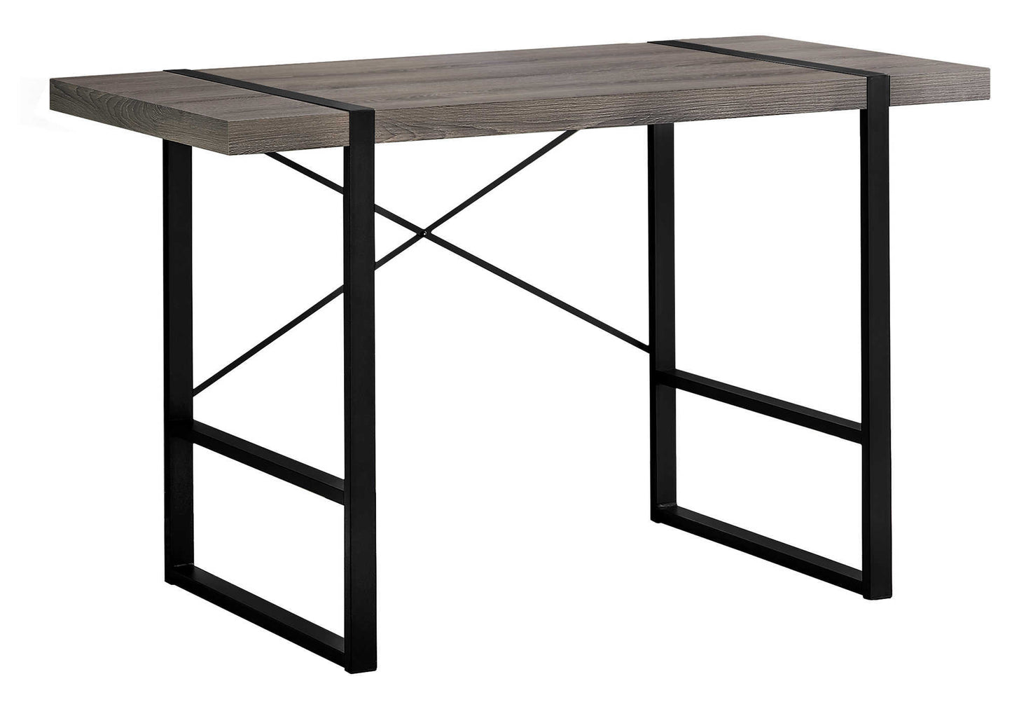 Gray wood grain console table with black metal legs and cross bracing