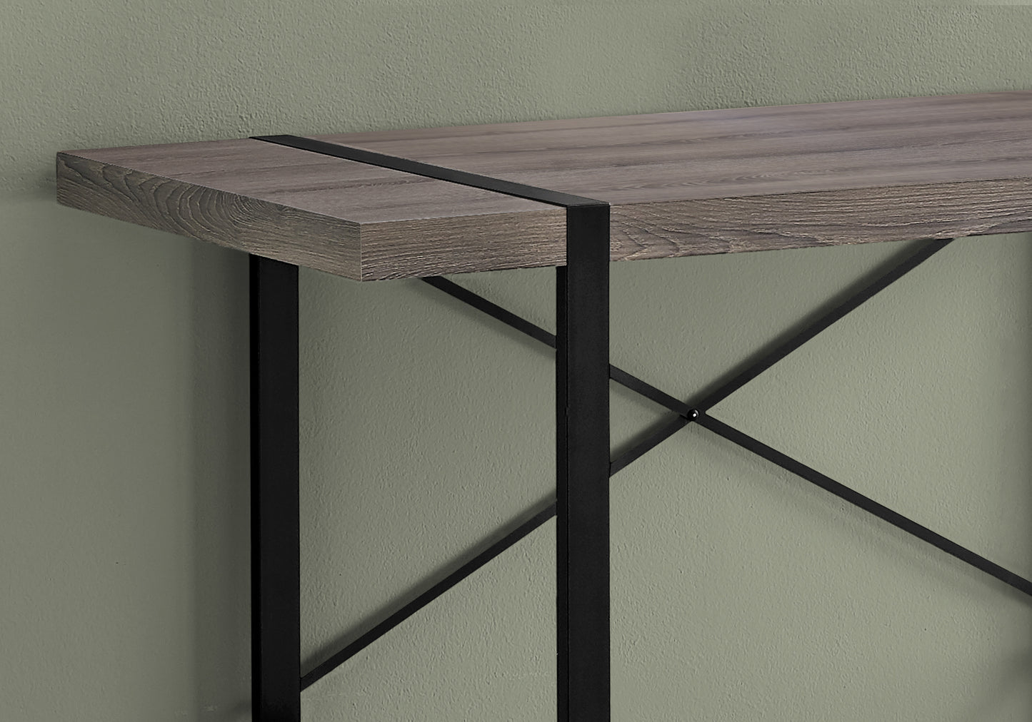 Rustic brown wood grain console table with black metal frame and Xbraces