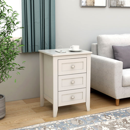 Cream bedside table with three drawers and crystal knobs