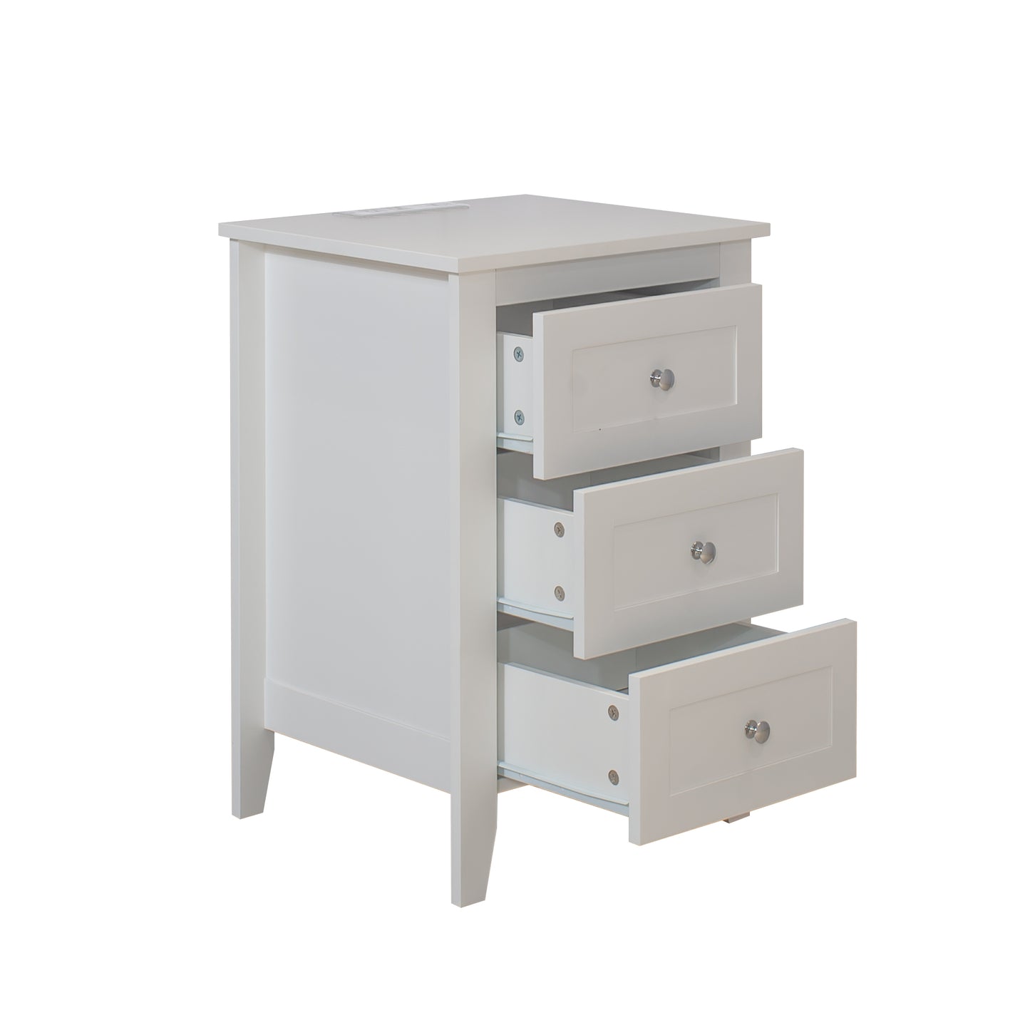 White threedrawer filing cabinet with silver knobs and open drawers for office organization