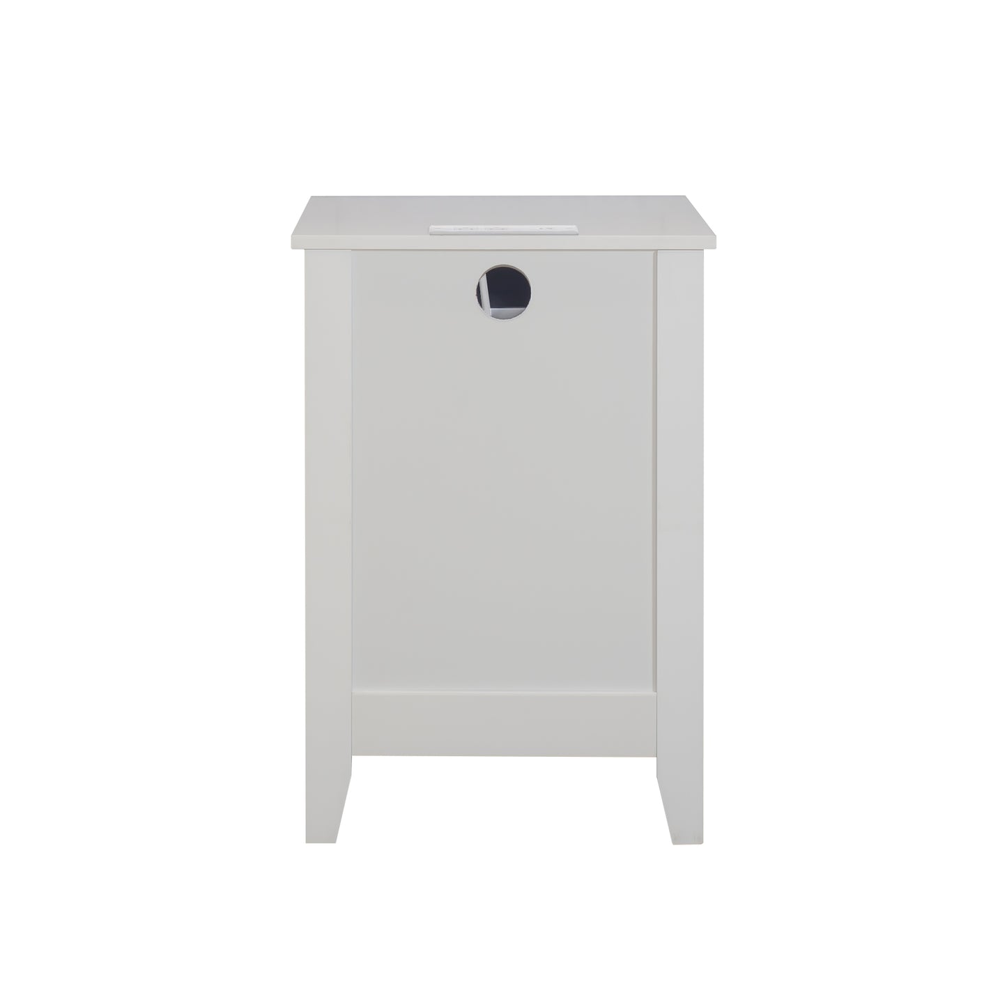White minimalist nightstand with circular cutout detail and top cord management