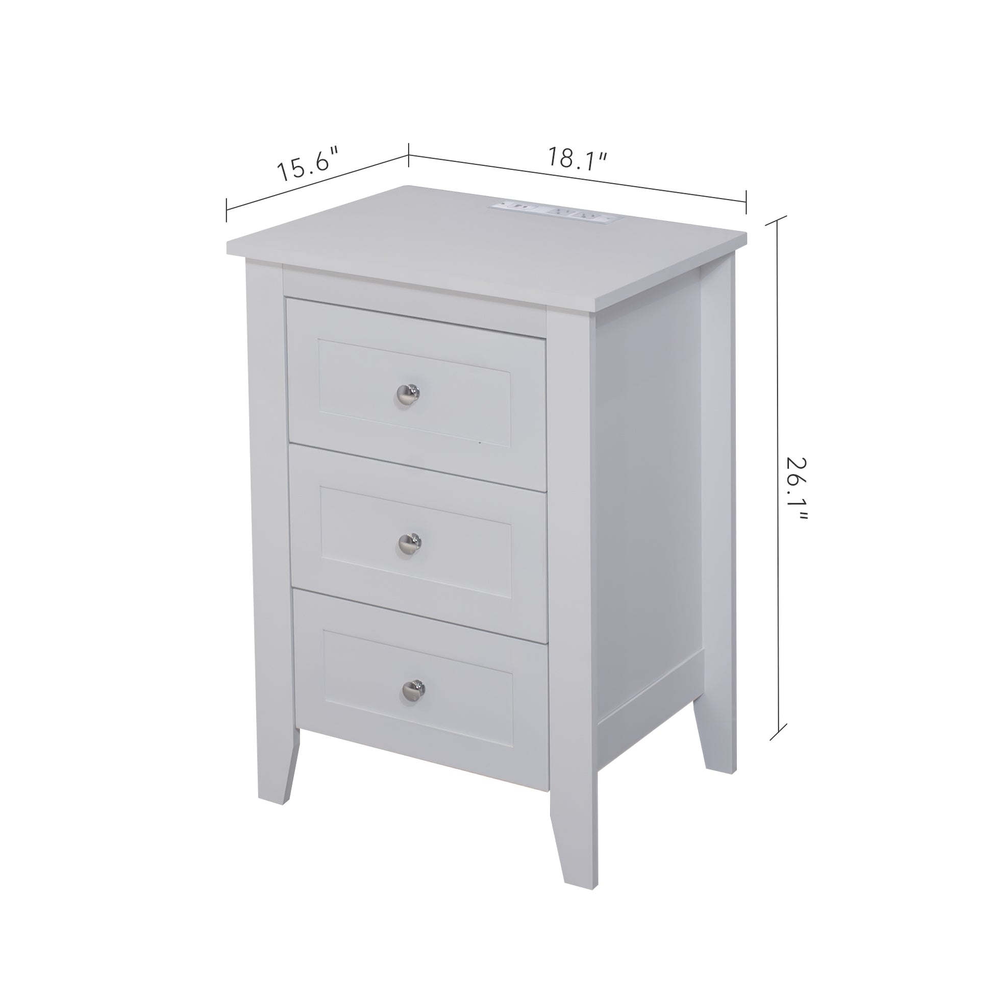 White threedrawer nightstand with silver knobs and builtin power strip