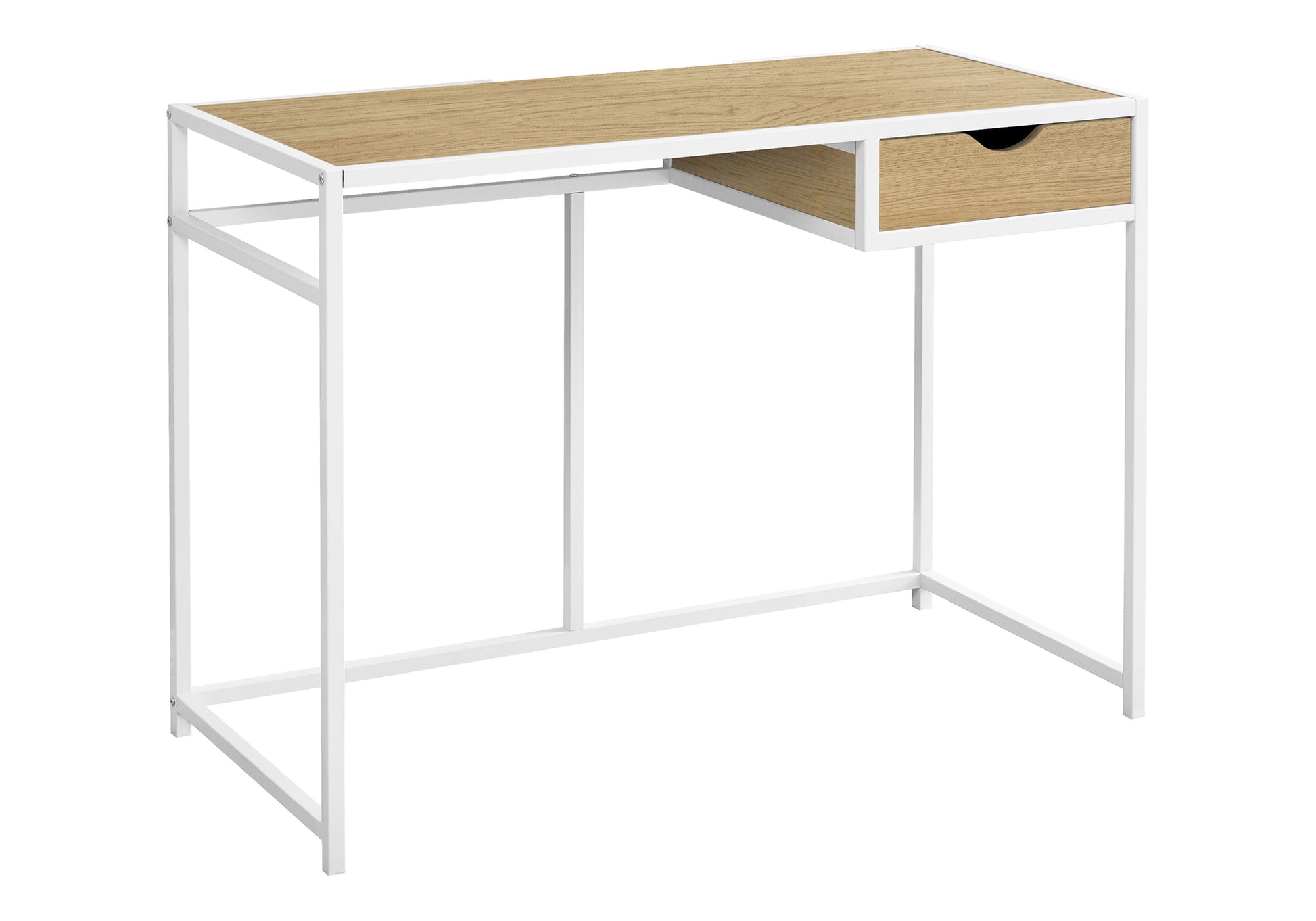 Compact oak veneer desk with white metal frame and single drawer