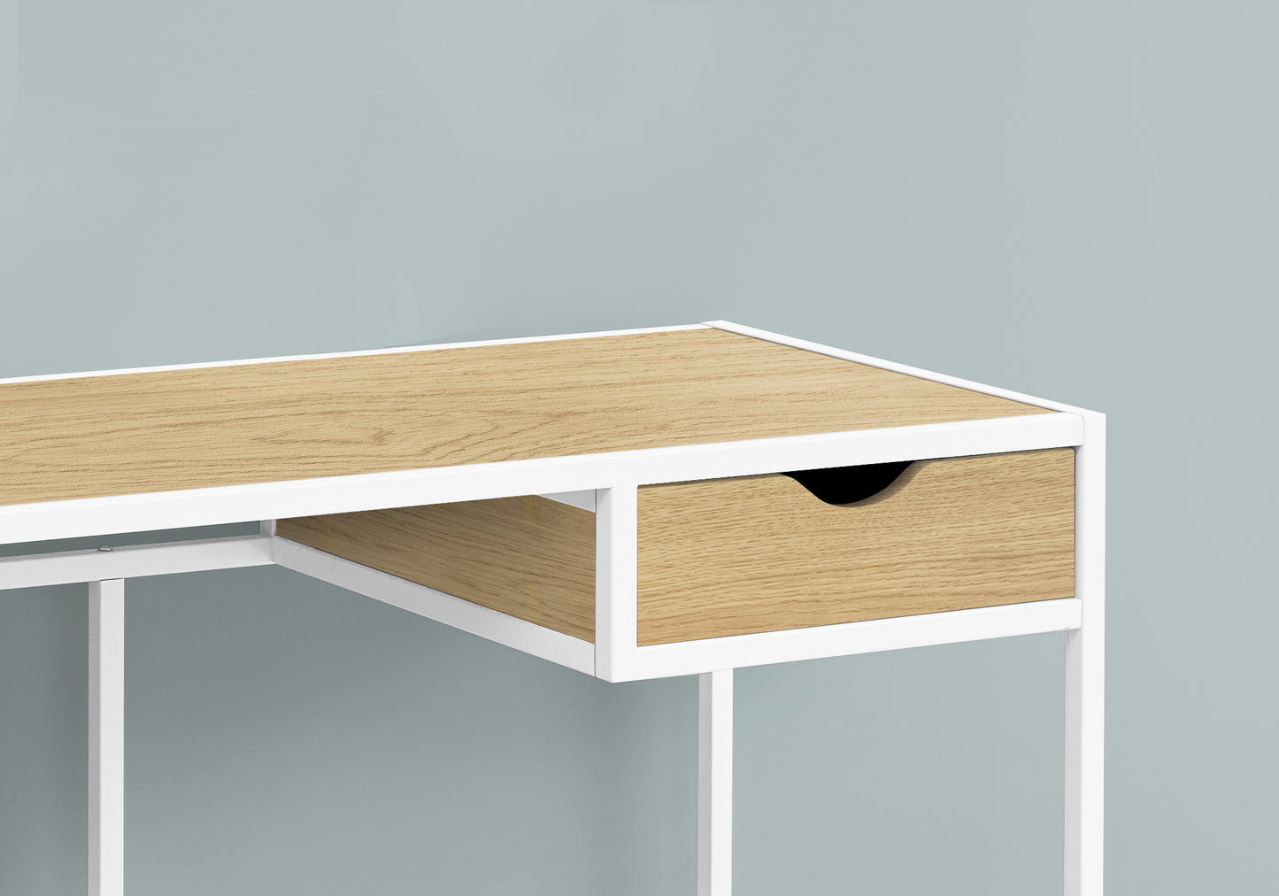 Light oak wood desk with white metal frame and single drawer