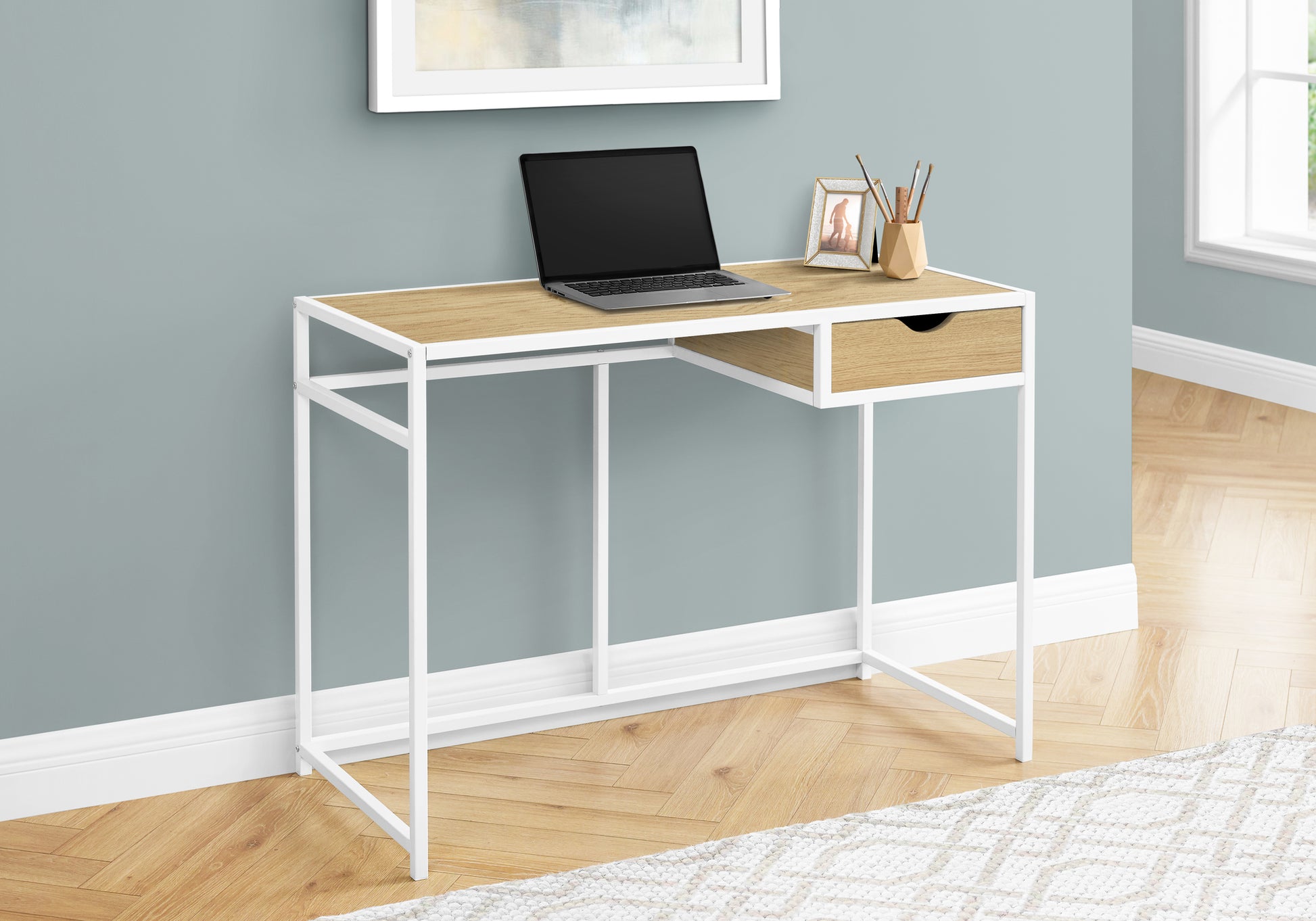 White metal frame desk with light oak laminate top and drawer for home office