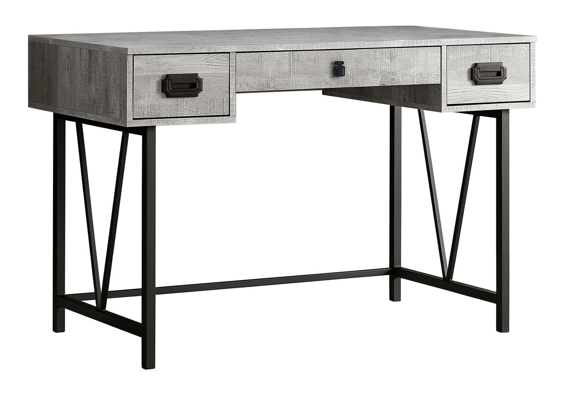 Rustic grey wood finish computer desk with three drawers and black metal legs