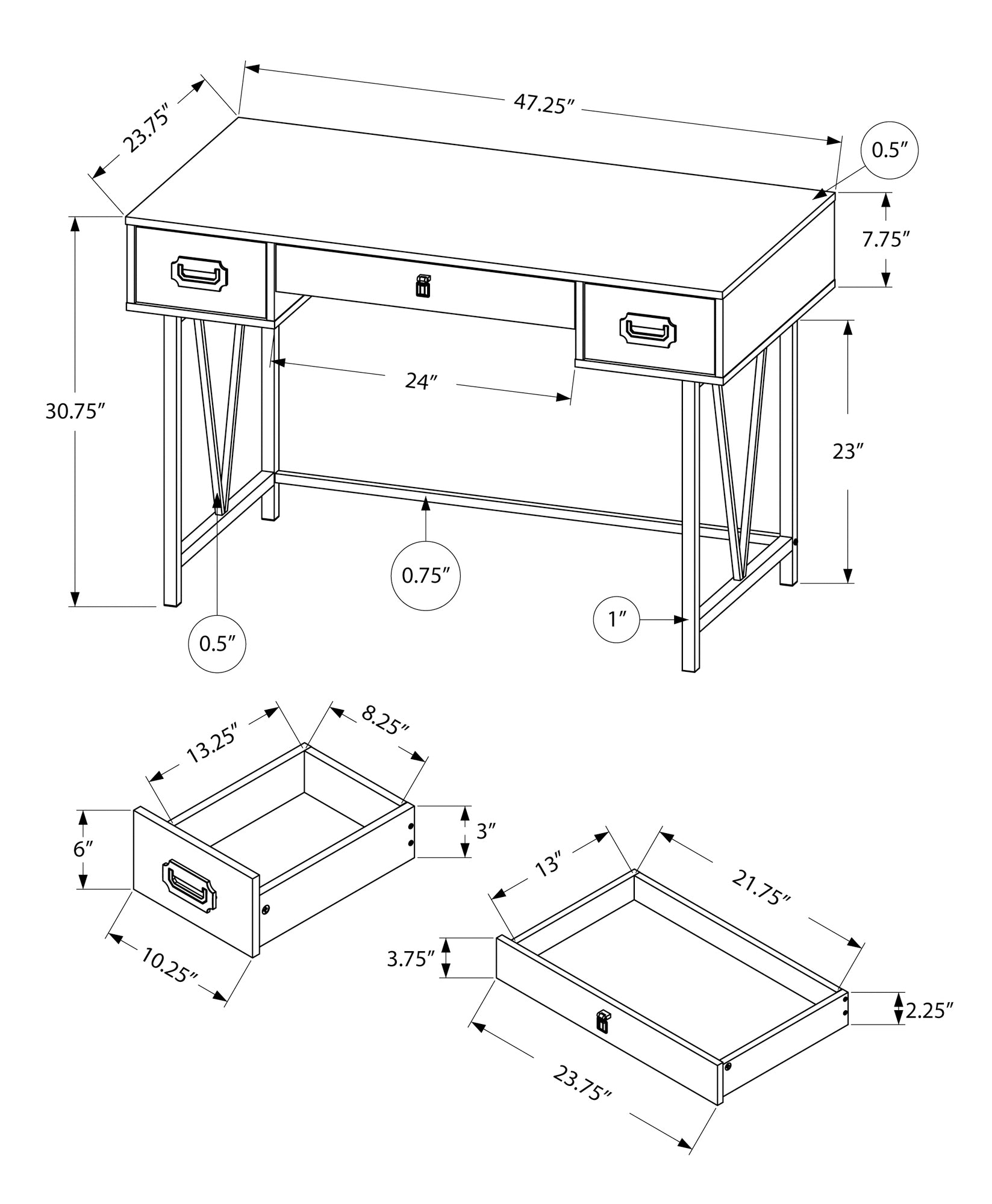 Detailed dimensions for a modern writing desk with metal hairpin legs and two drawers showcasing its  width