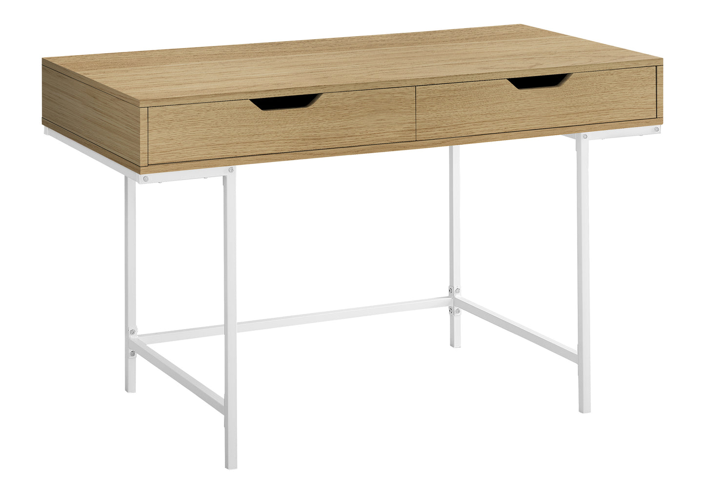 Modern oak veneer desk with two drawers and white metal legs perfect for small spaces