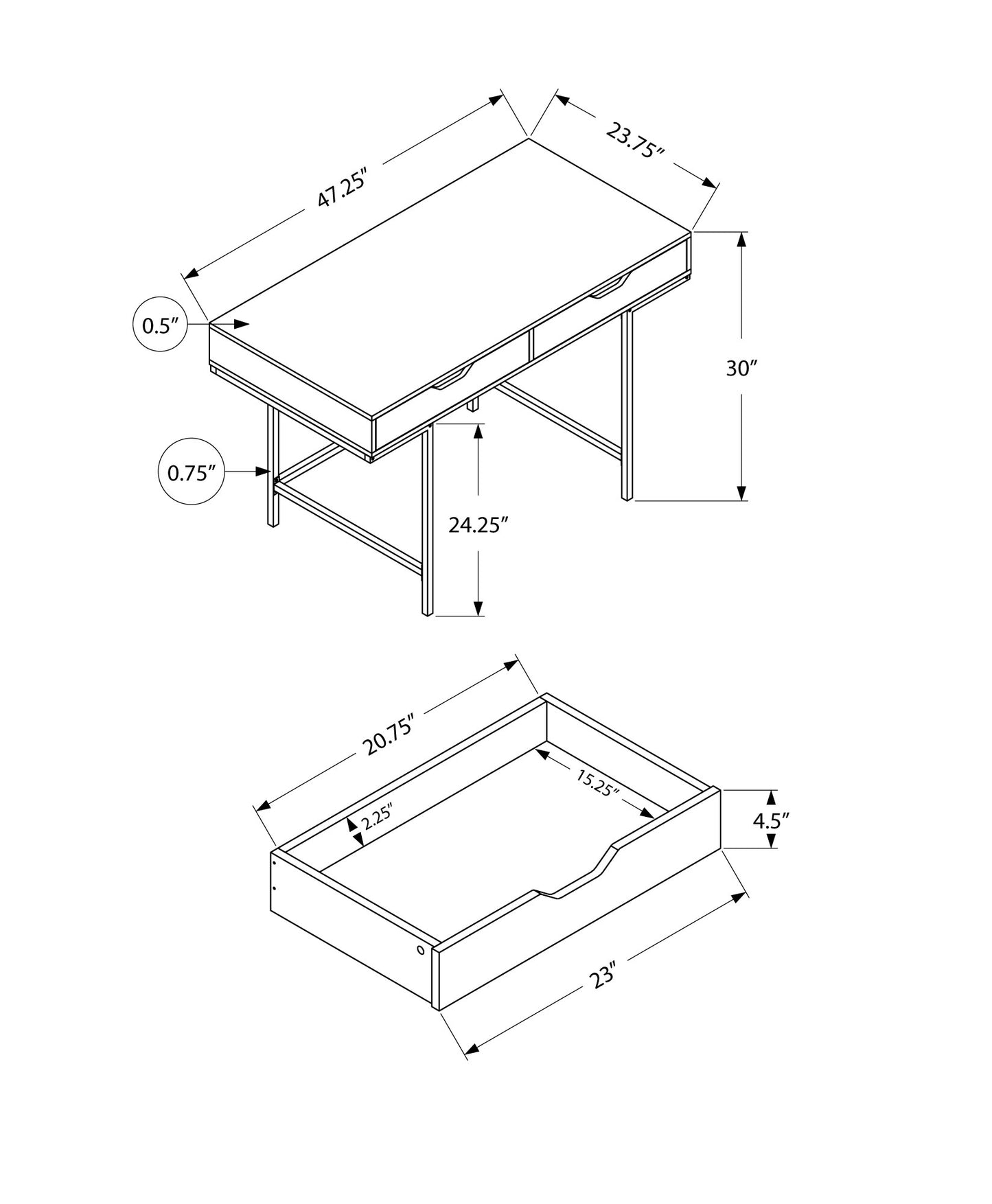 Technical drawing of a modern desk with dimensions  L x  W x  H