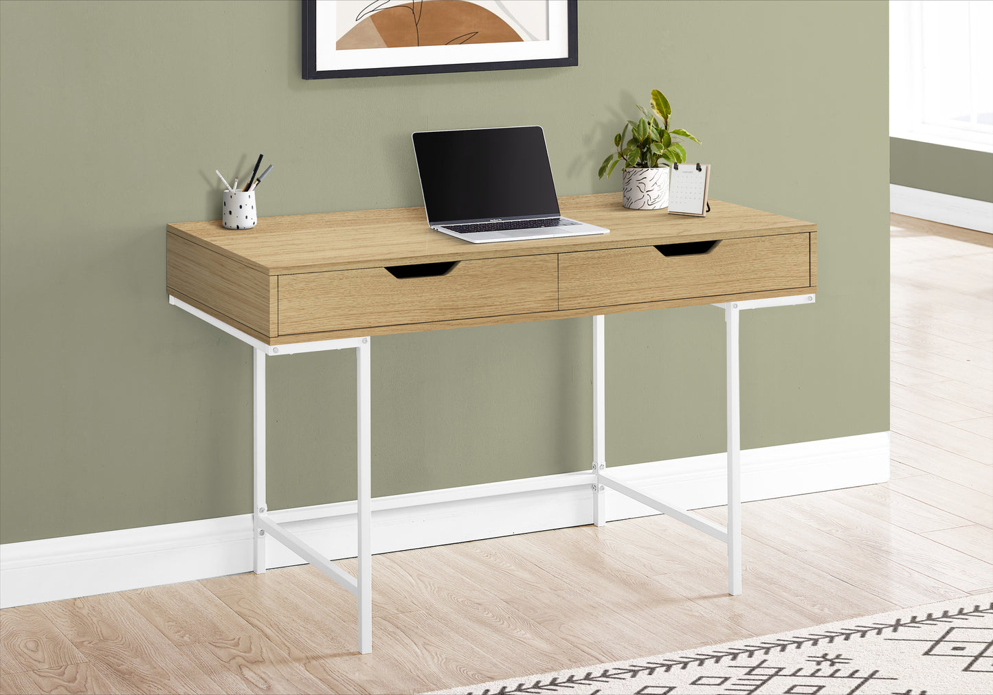 Modern light oak desk with two drawers and white metal legs