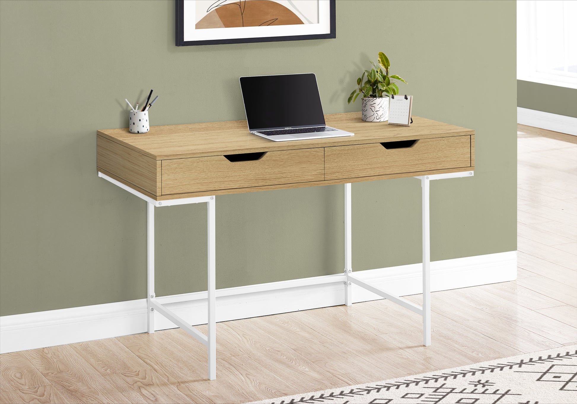 Modern light oak desk with two drawers and white metal legs
