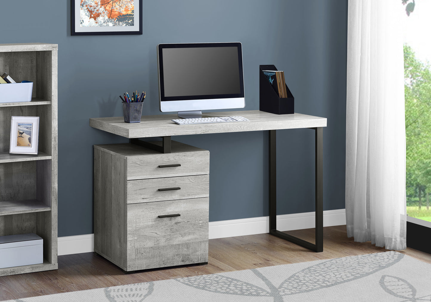 Rustic wood computer desk with three drawers and black metal legs for home office