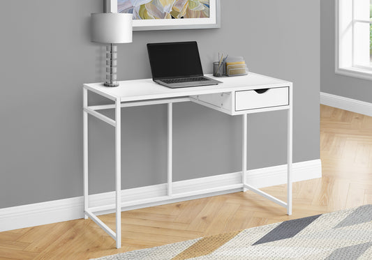 White metal desk with single drawer and laptop perfect for small home office