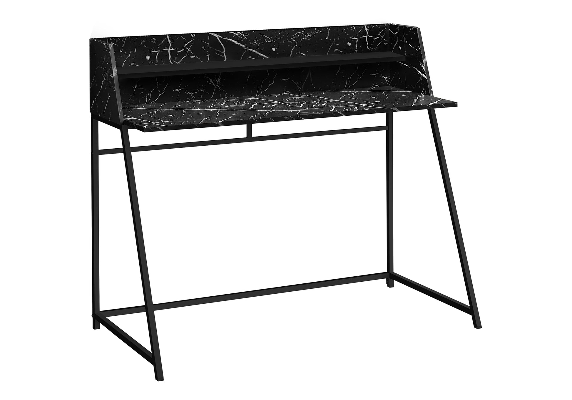Sleek black marble effect writing desk with thin metal legs ideal for modern homes