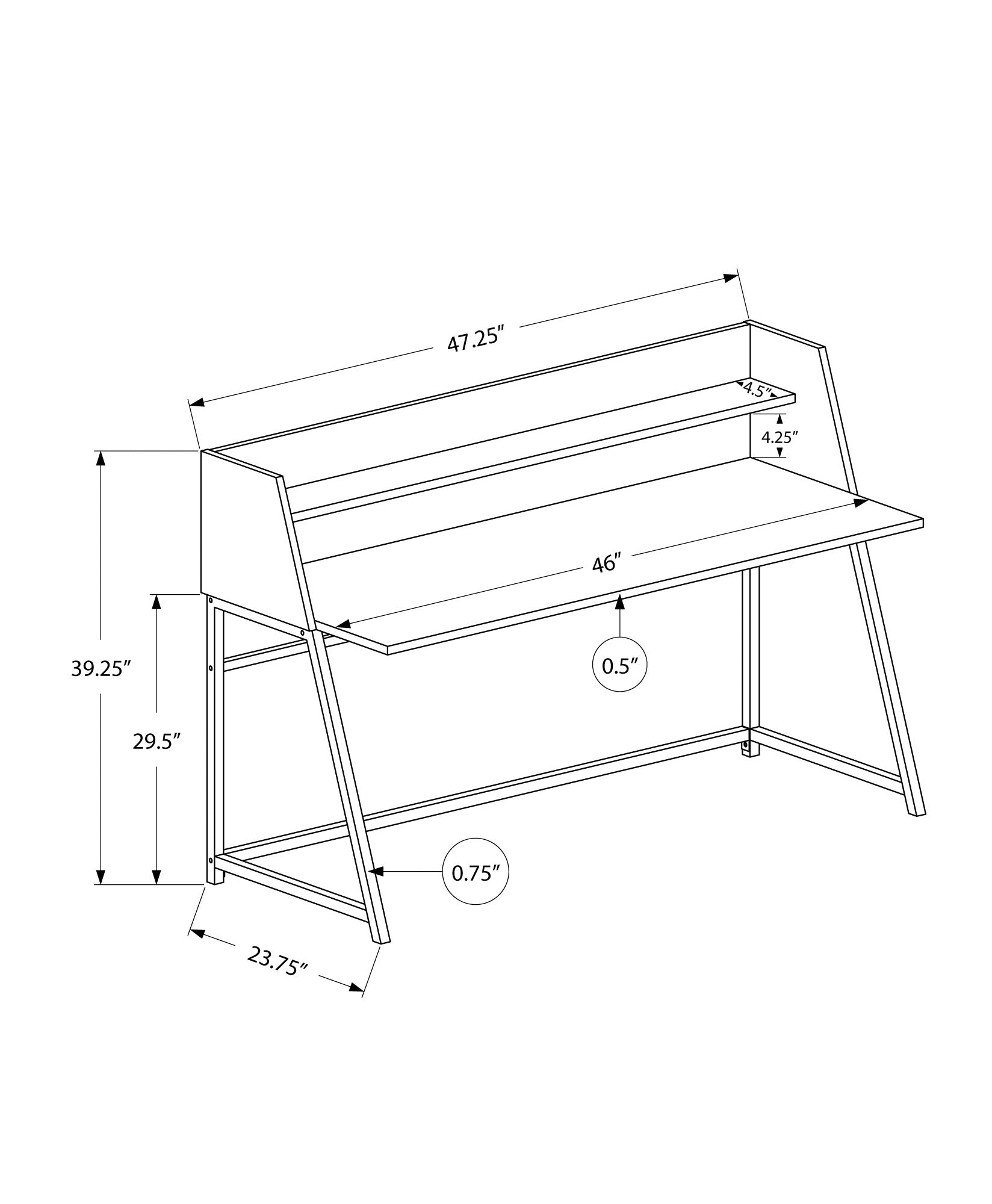 Line drawing of a modern computer desk with a hutch showing dimensions for width and height
