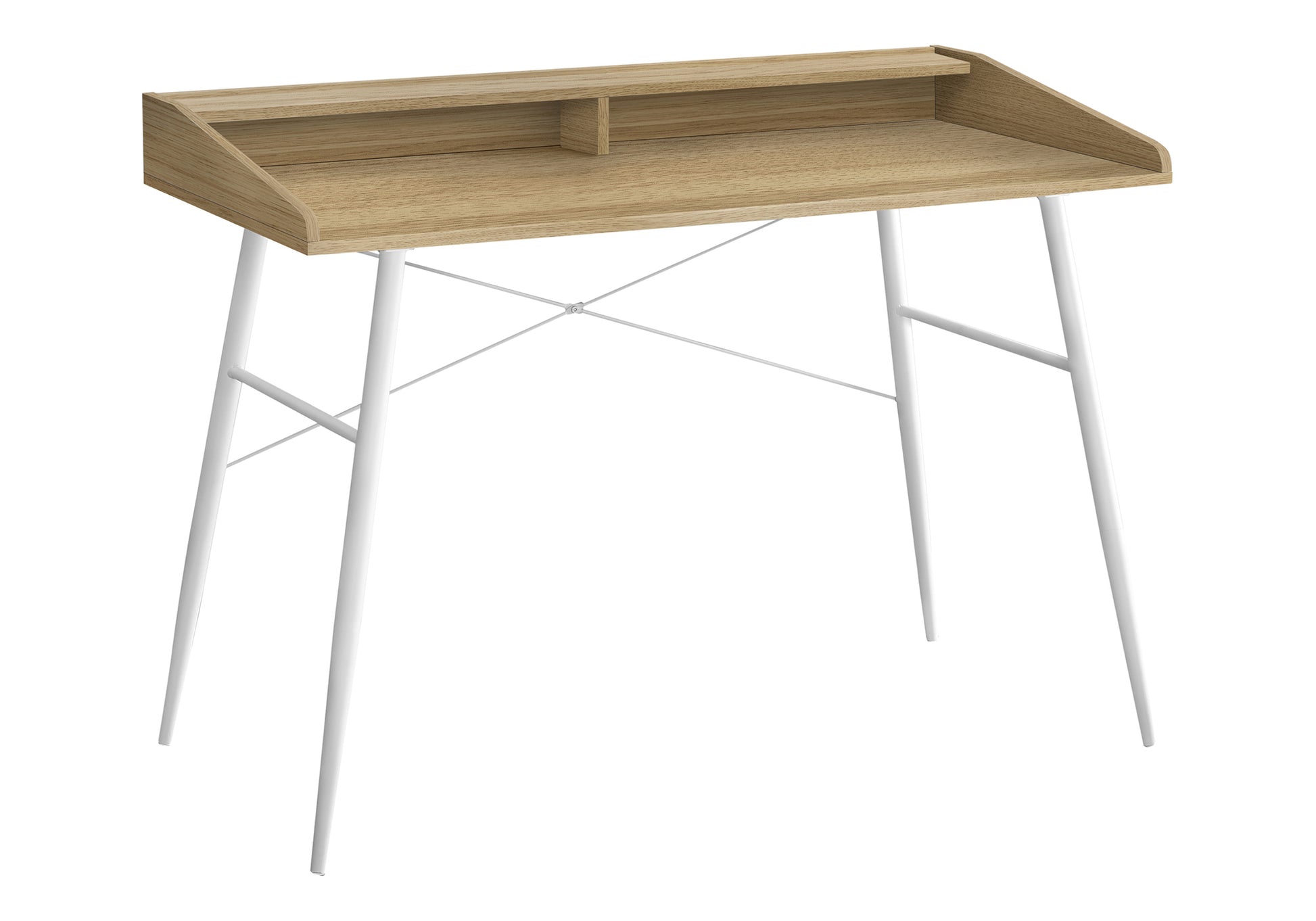 Minimalist oak writing desk with white metal legs and tiered shelf