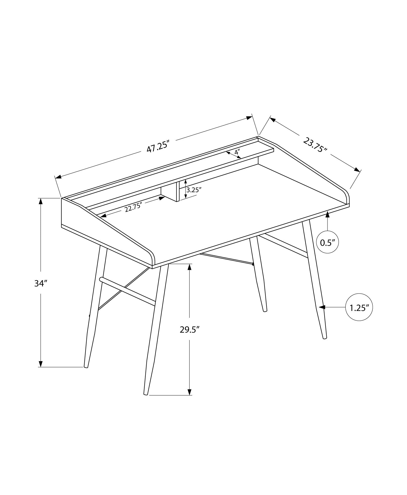 Modern white writing desk with tapered legs and raised back shelf for storage