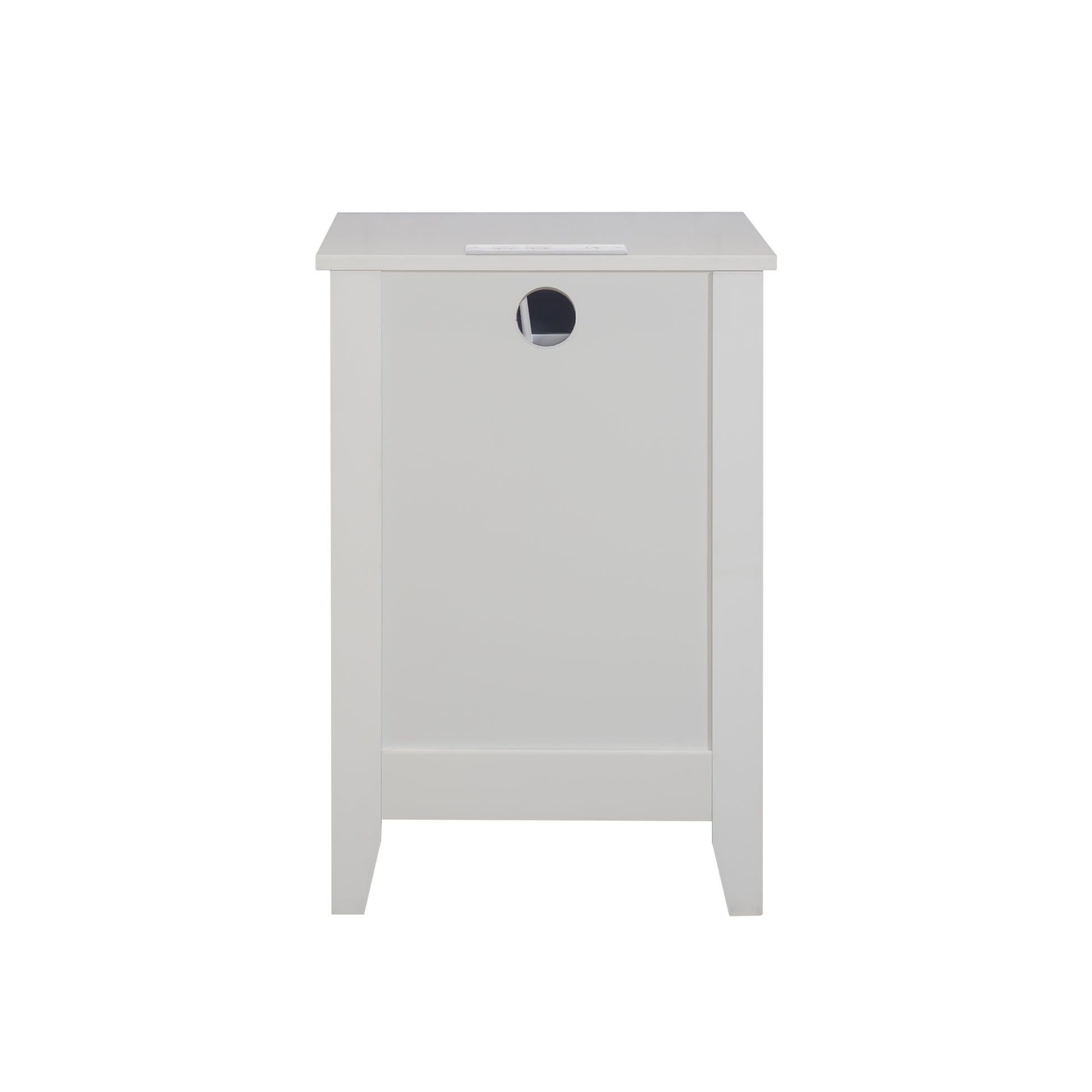White modern nightstand with cable management cutout