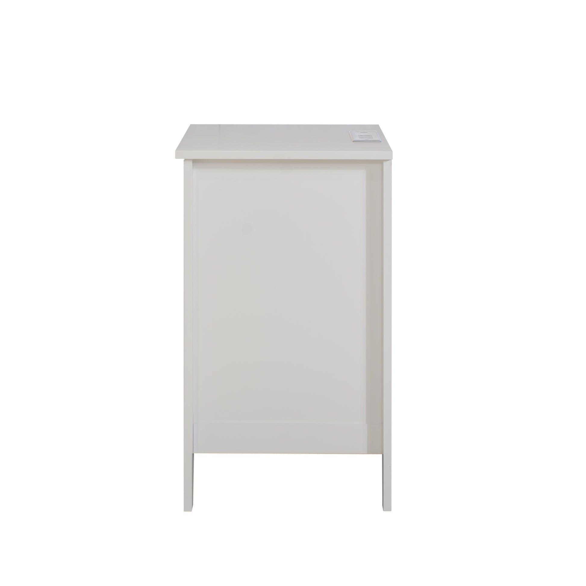 Modern white bedside table with a single drawer and clear acrylic pull