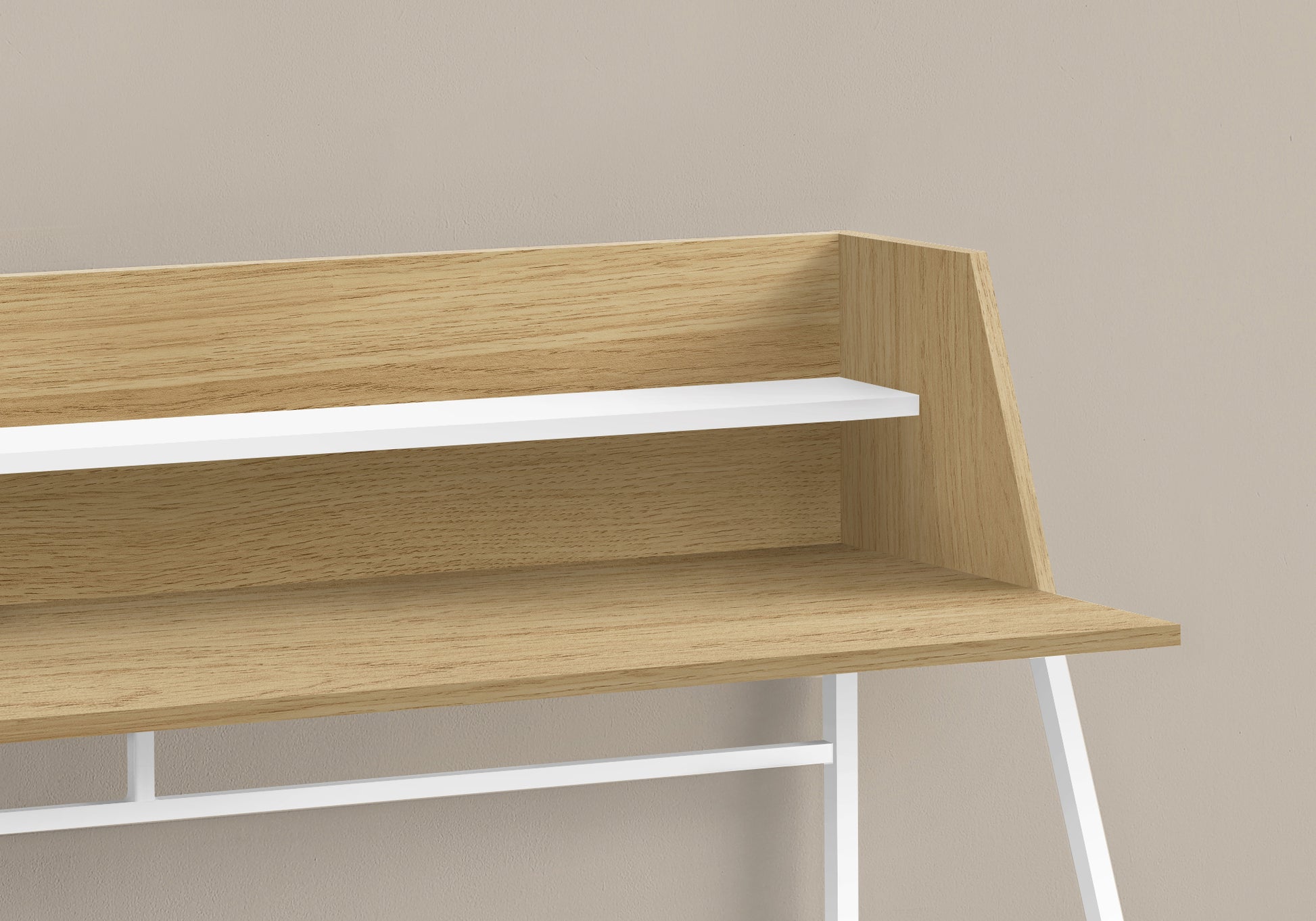 Modern oak wood desk with a white shelf and sleek white metal legs