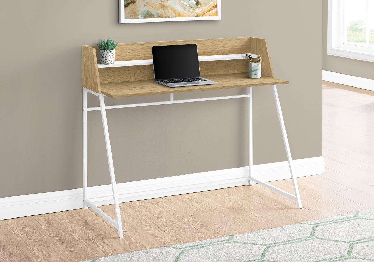 Modern writing desk with oak finish and white metal frame ideal for home office