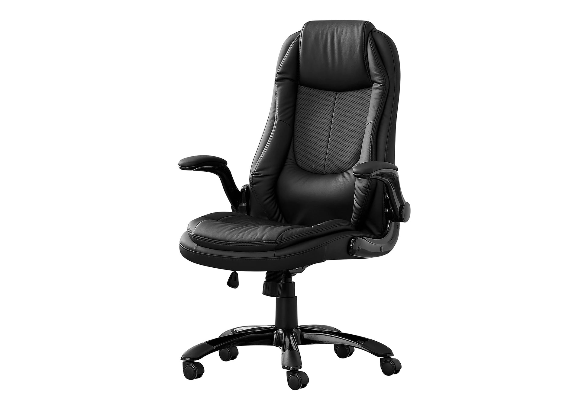 Black executive office chair with padded faux leather seat and armrests