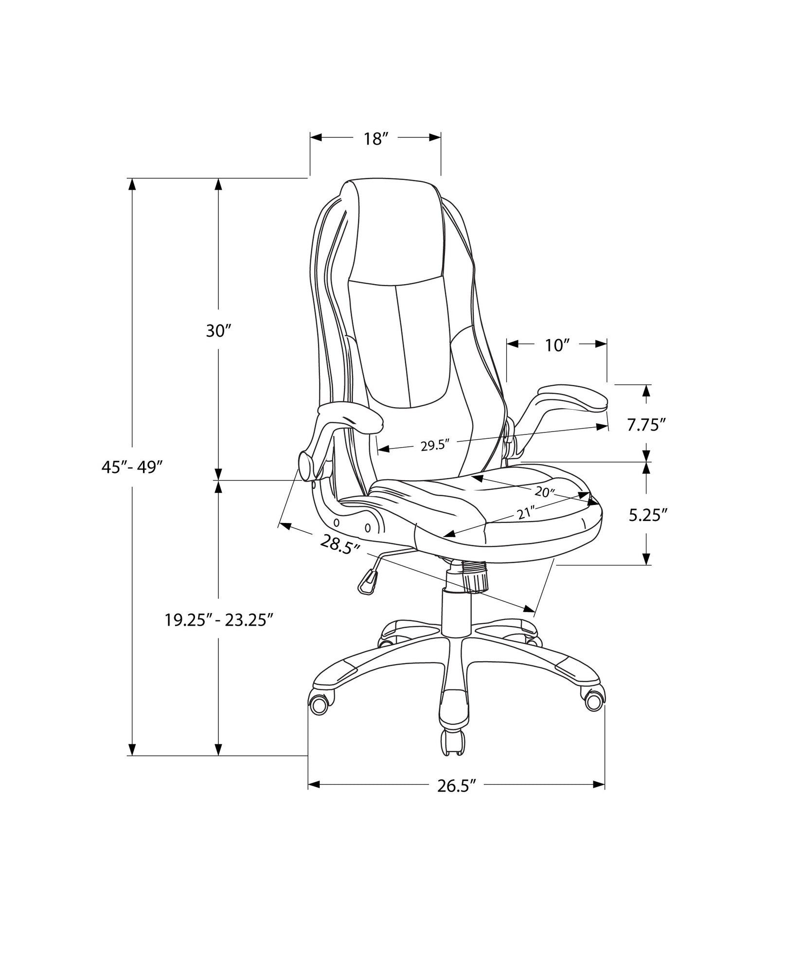 Office chair dimensions diagram showing height  inches width  inches