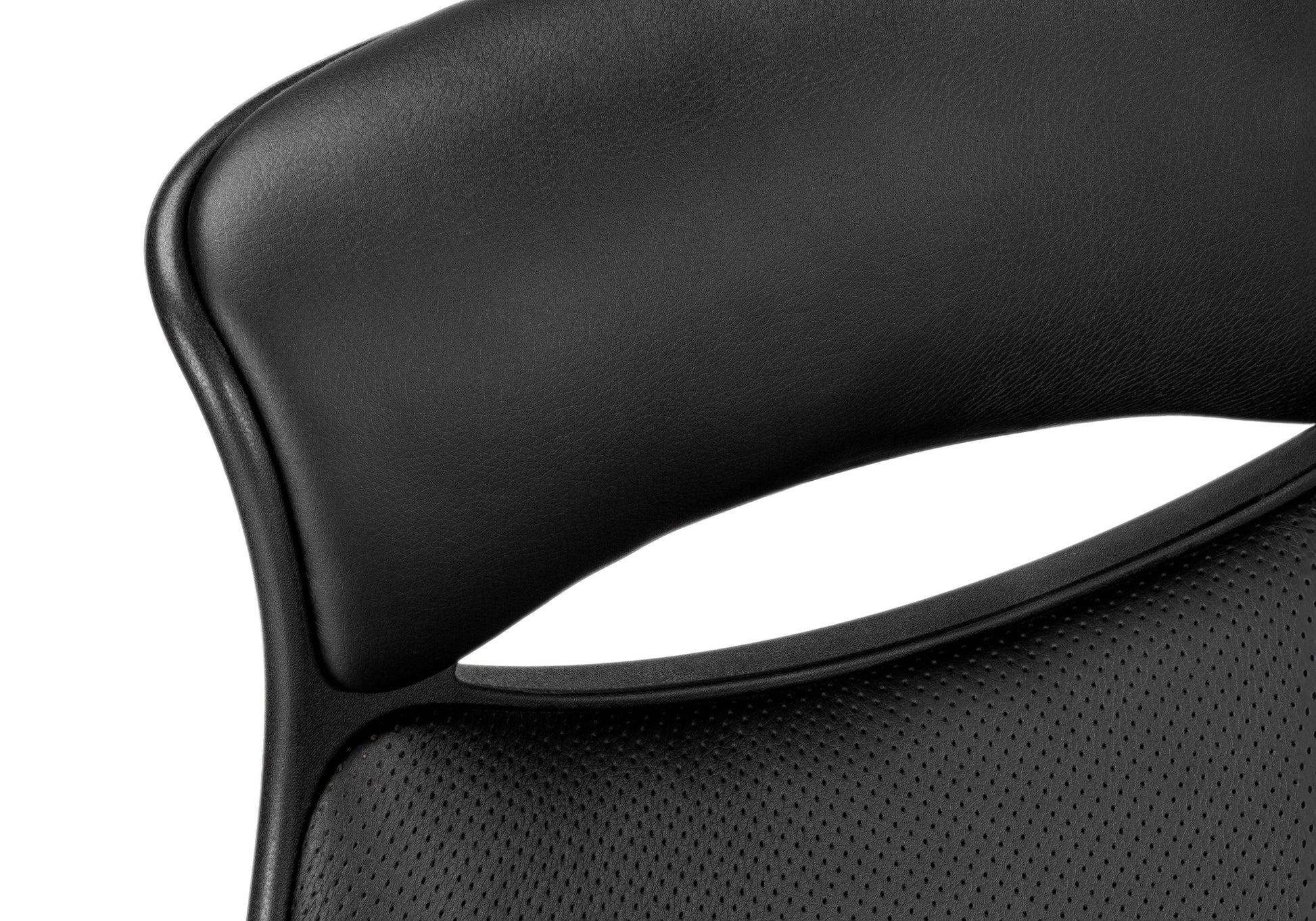 Closeup of a black leather office chair backrest showing stitching detail