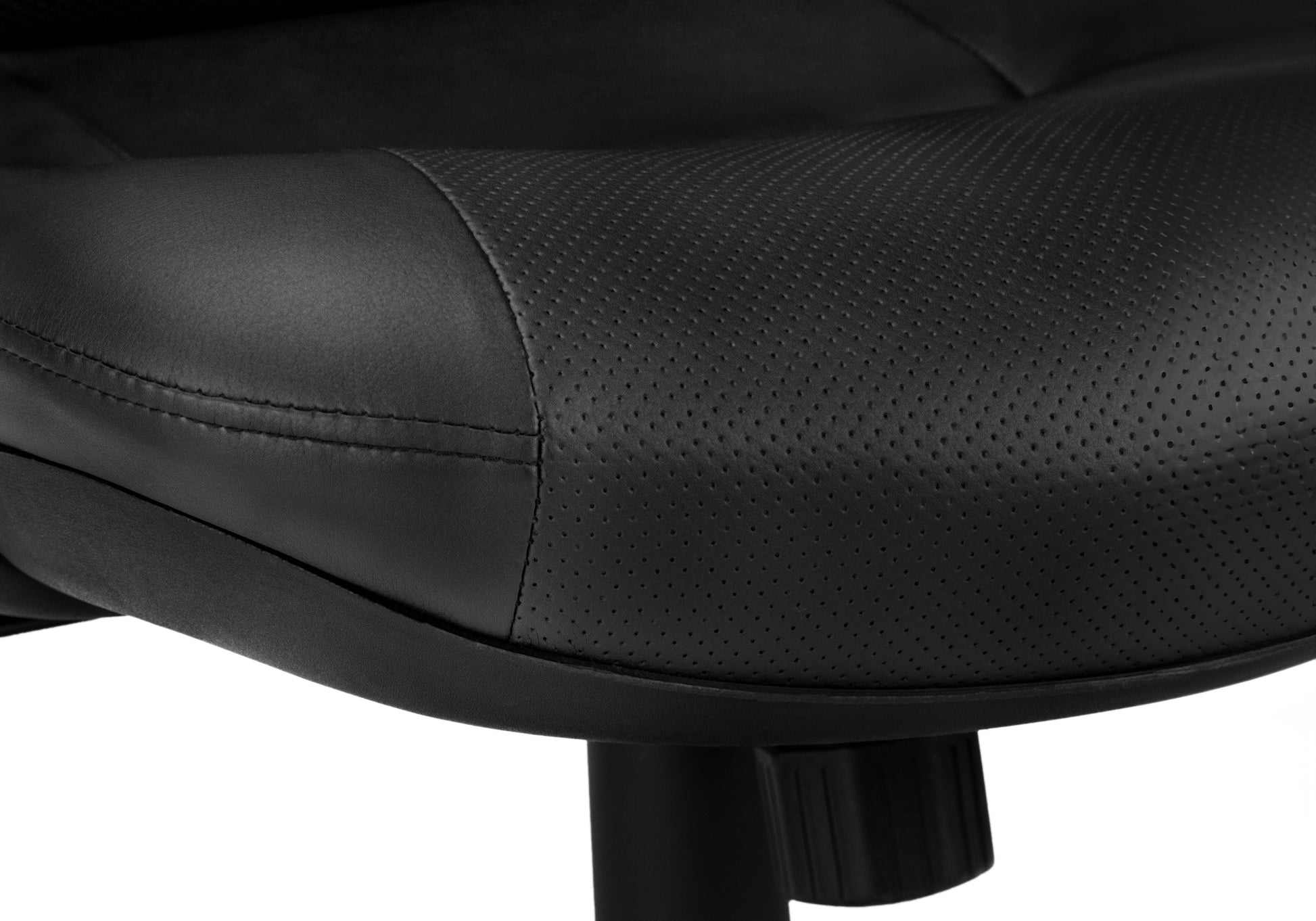 Black faux leather office chair seat with perforated detailing and stitching