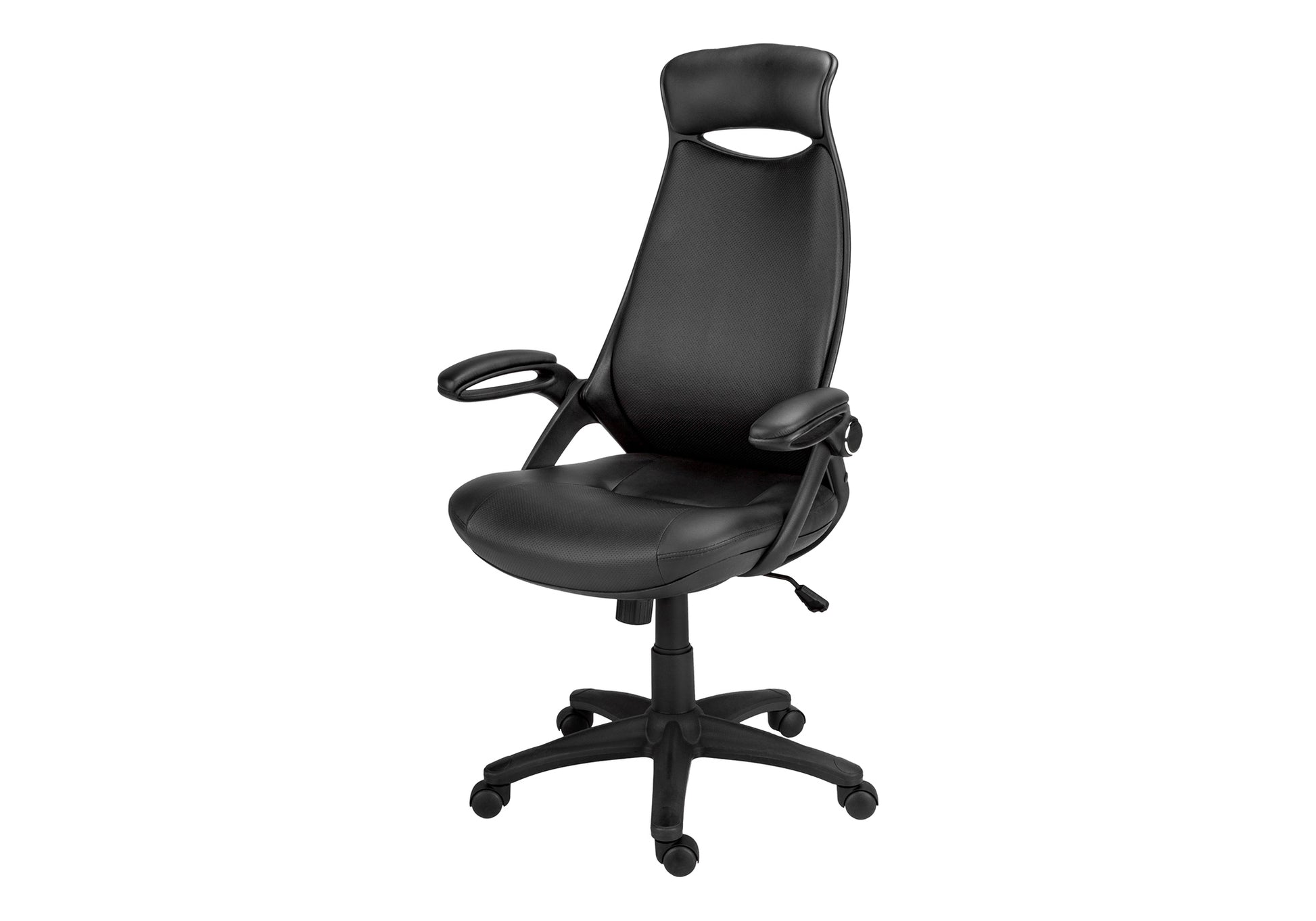 Black ergonomic office chair with adjustable armrests and head support