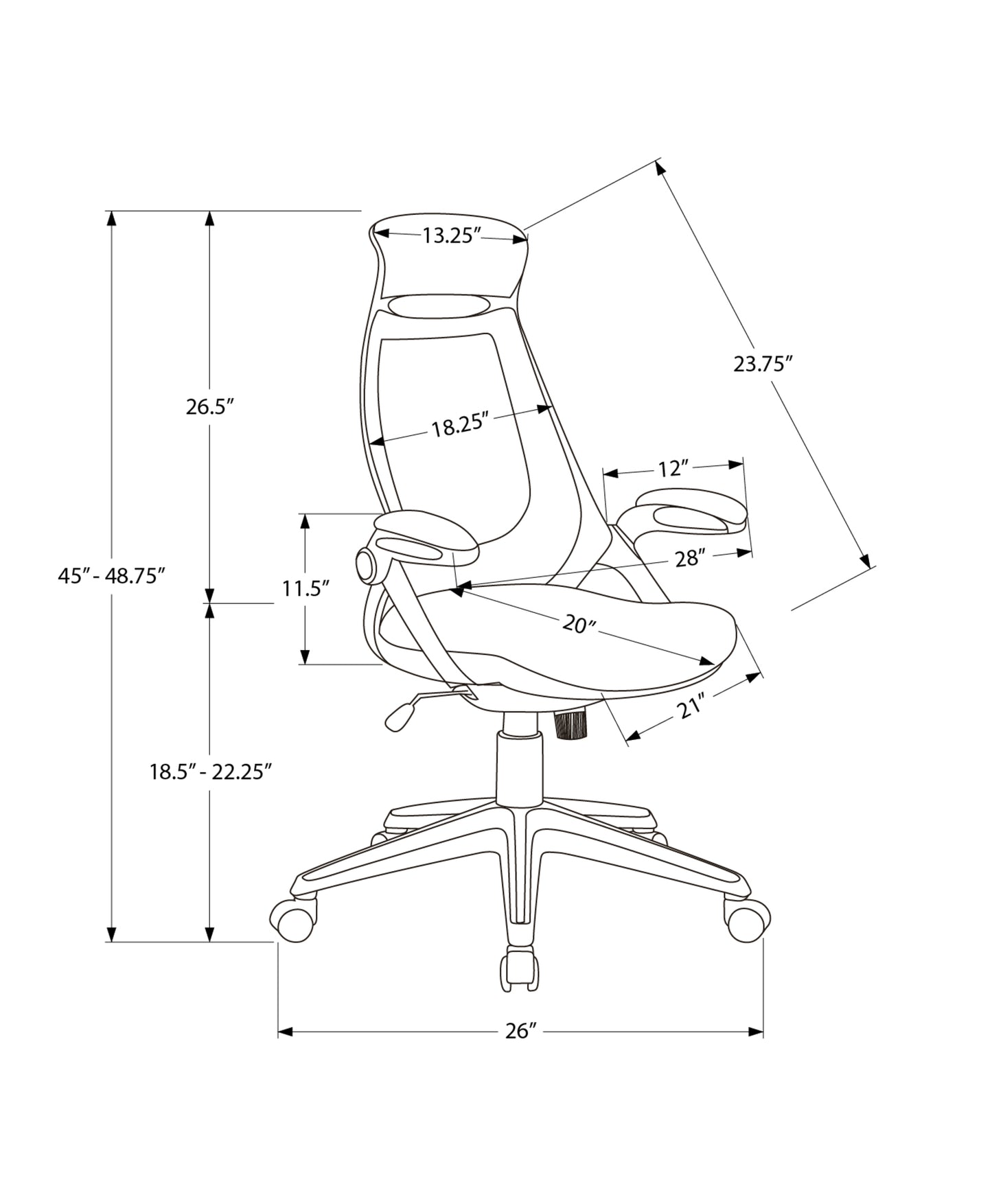 Line drawing of a black ergonomic office chair with dimensions for seat height width and back height