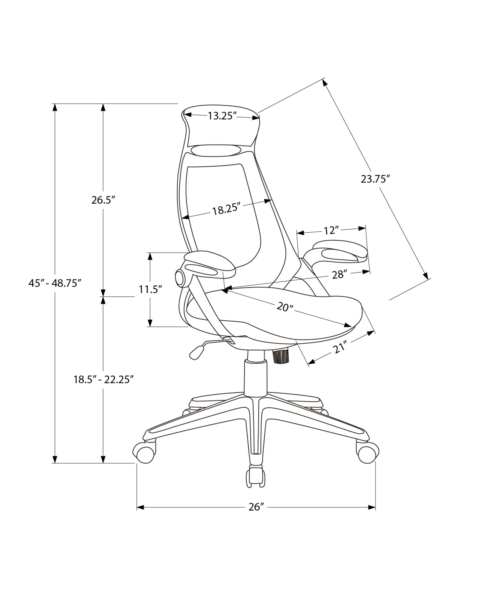 Line drawing of a black ergonomic office chair with dimensions for seat height width and back height