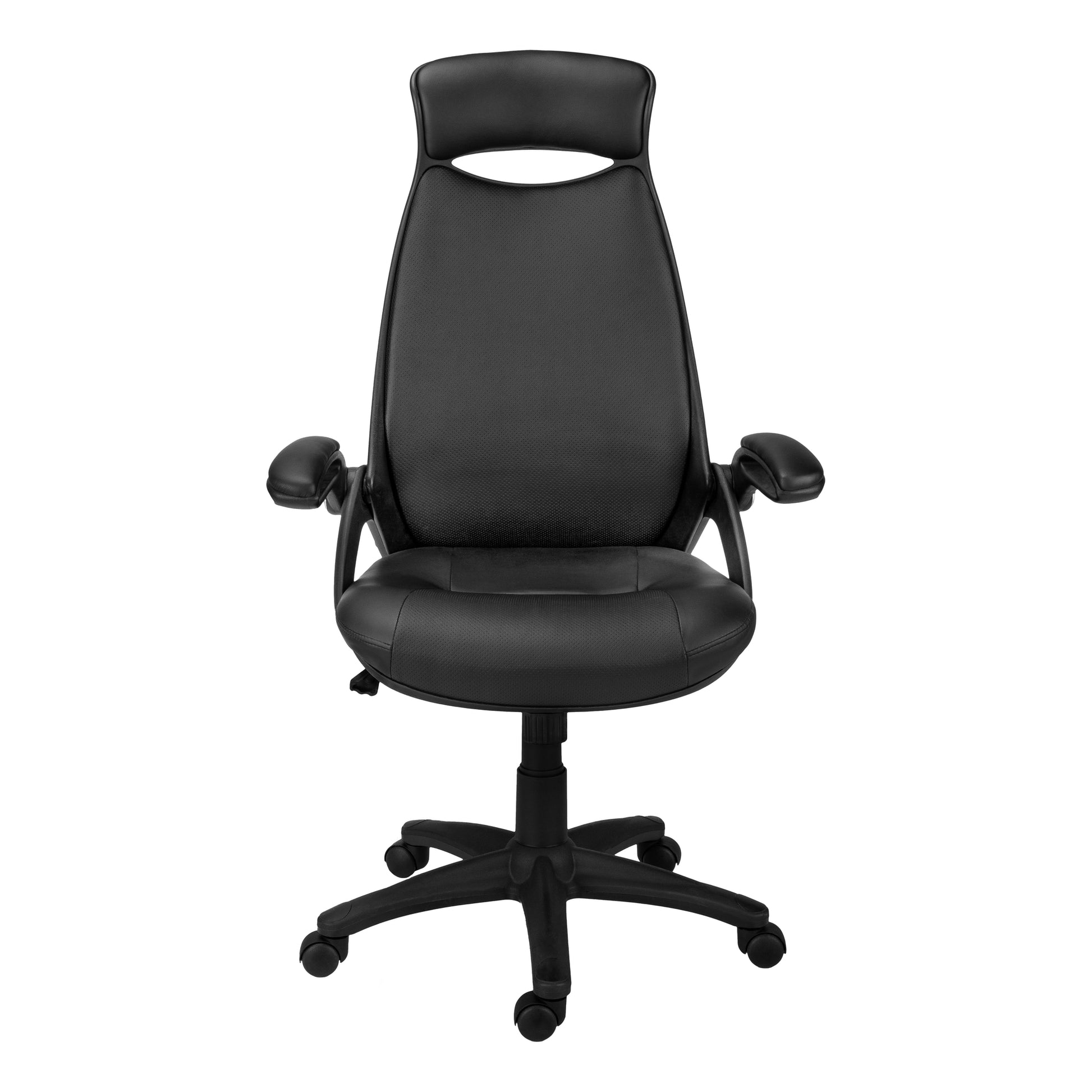 Black executive office chair with lumbar support and padded armrests