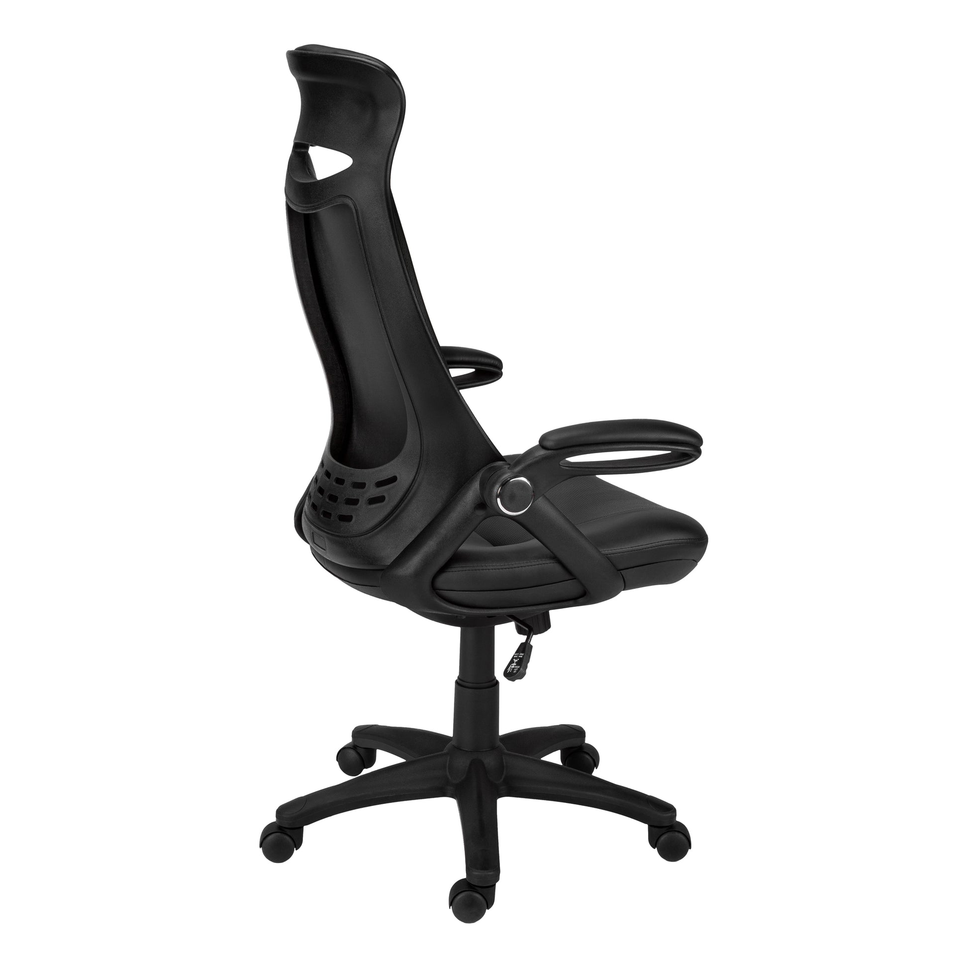 Black ergonomic mesh office chair with padded seat and armrests