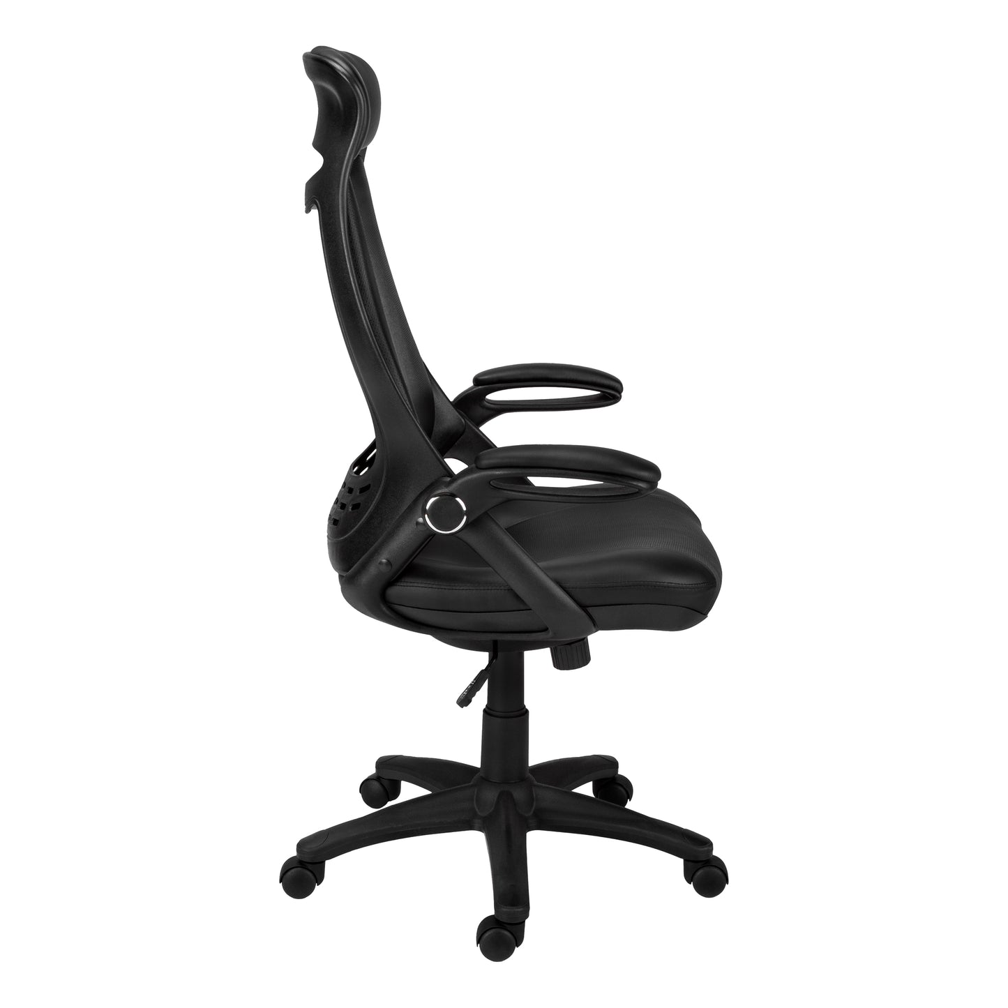 Black mesh ergonomic office chair with padded seat and adjustable armrests