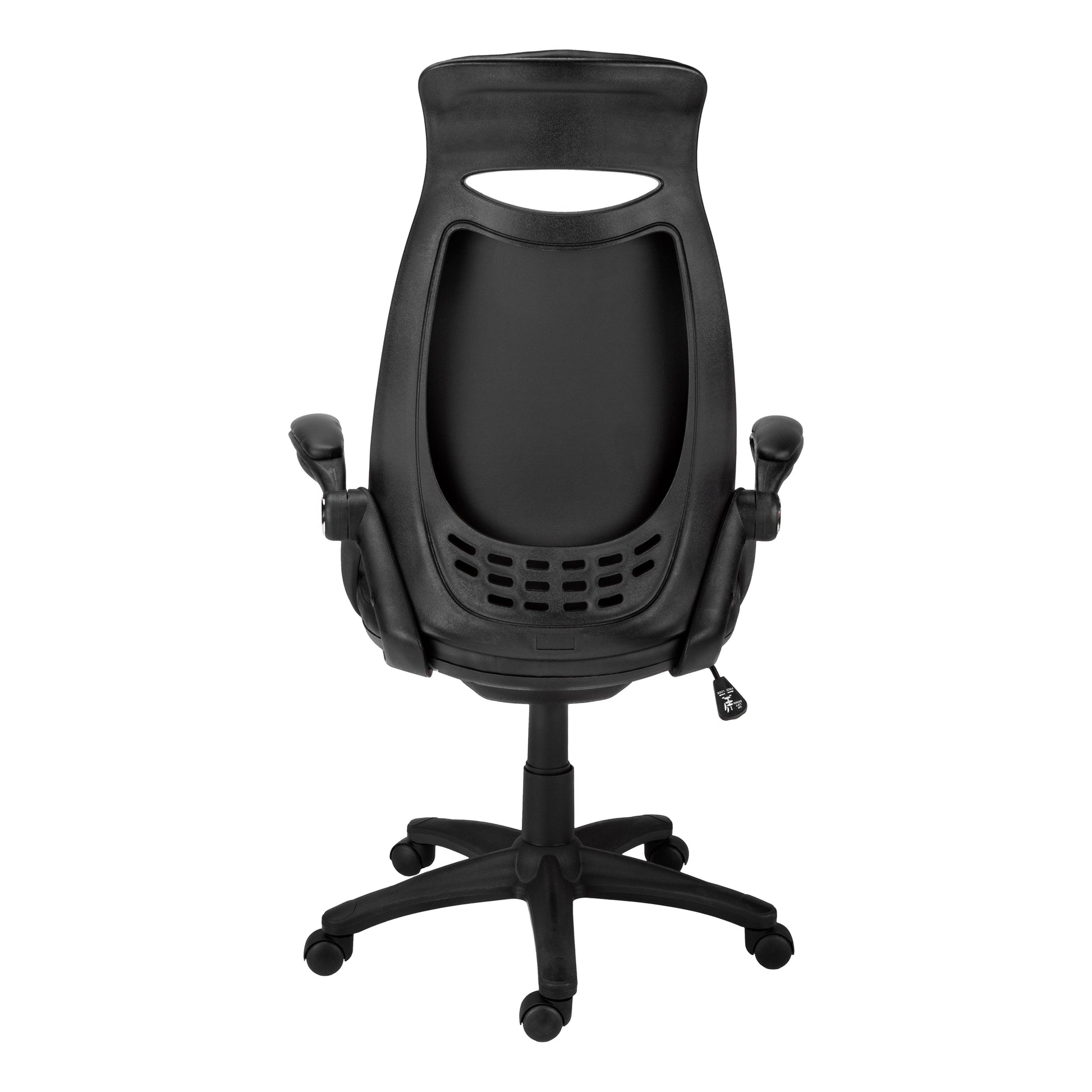 Black ergonomic office chair with adjustable armrests and lumbar support vent