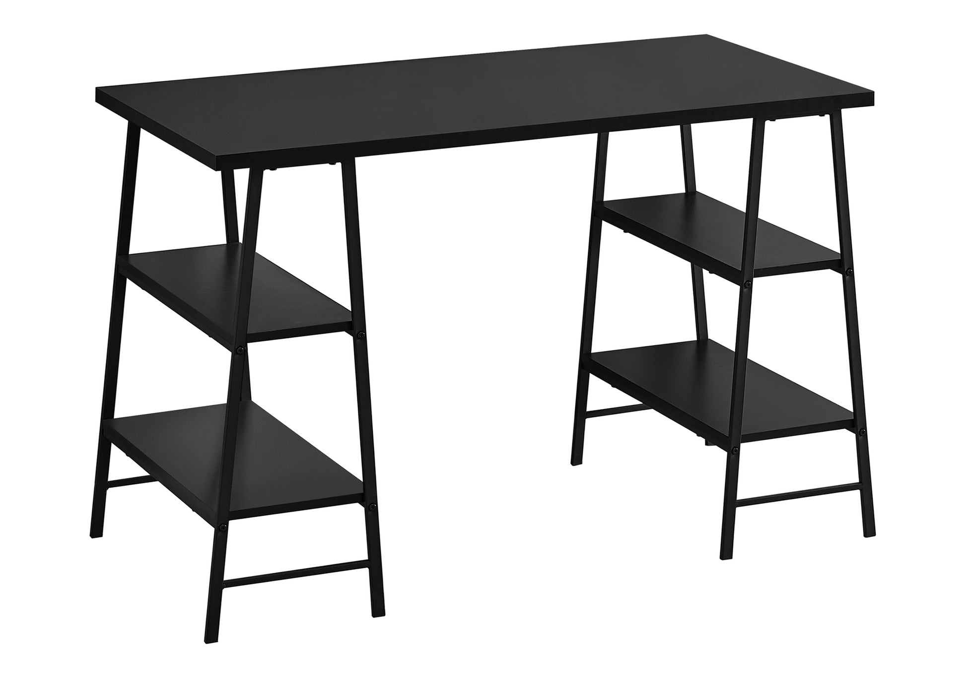 Black modern desk with open shelves on both sides for storage
