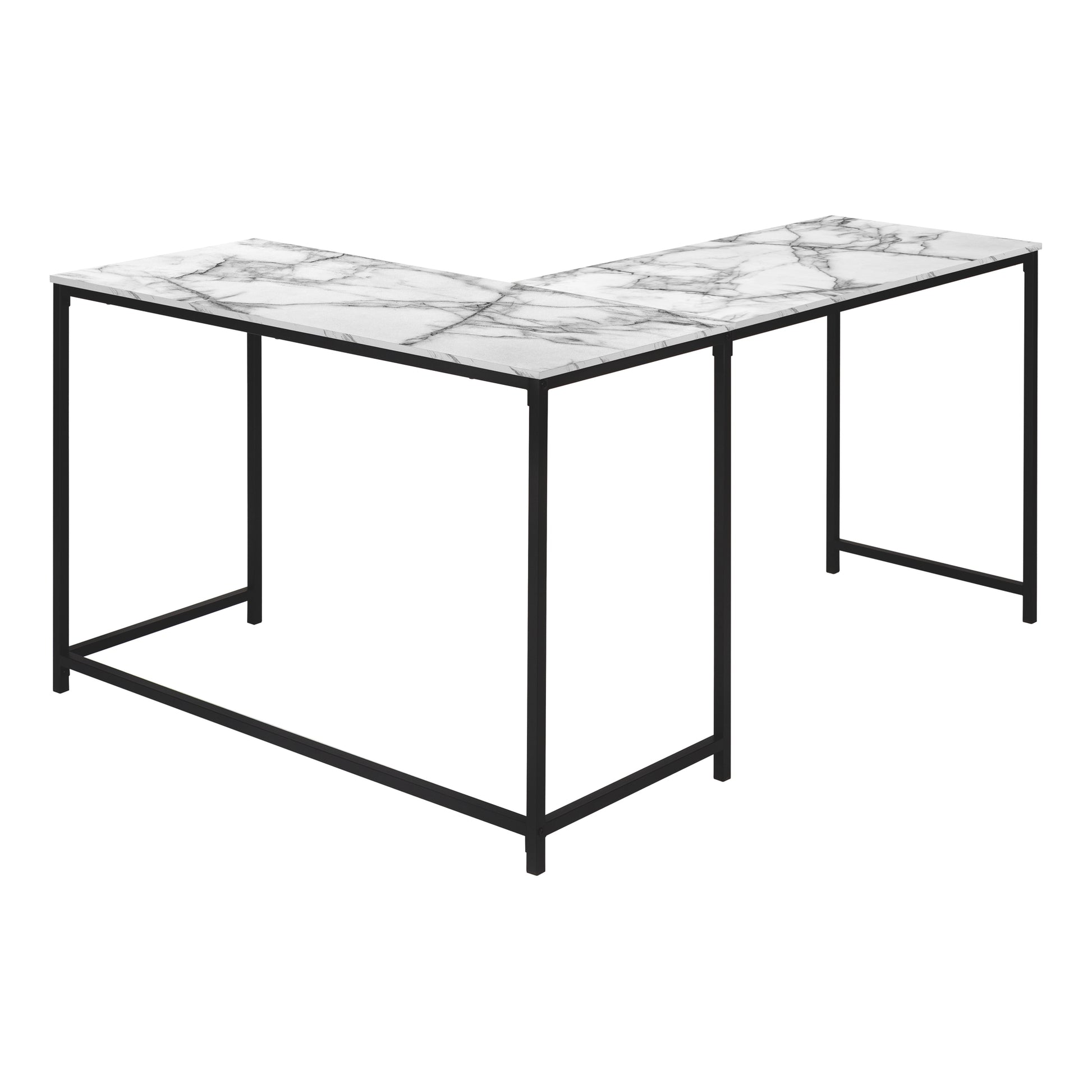 Lshaped desk with marblepatterned top and black metal frame