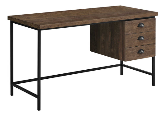 Rustic brown wood writing desk with black metal legs and three drawers