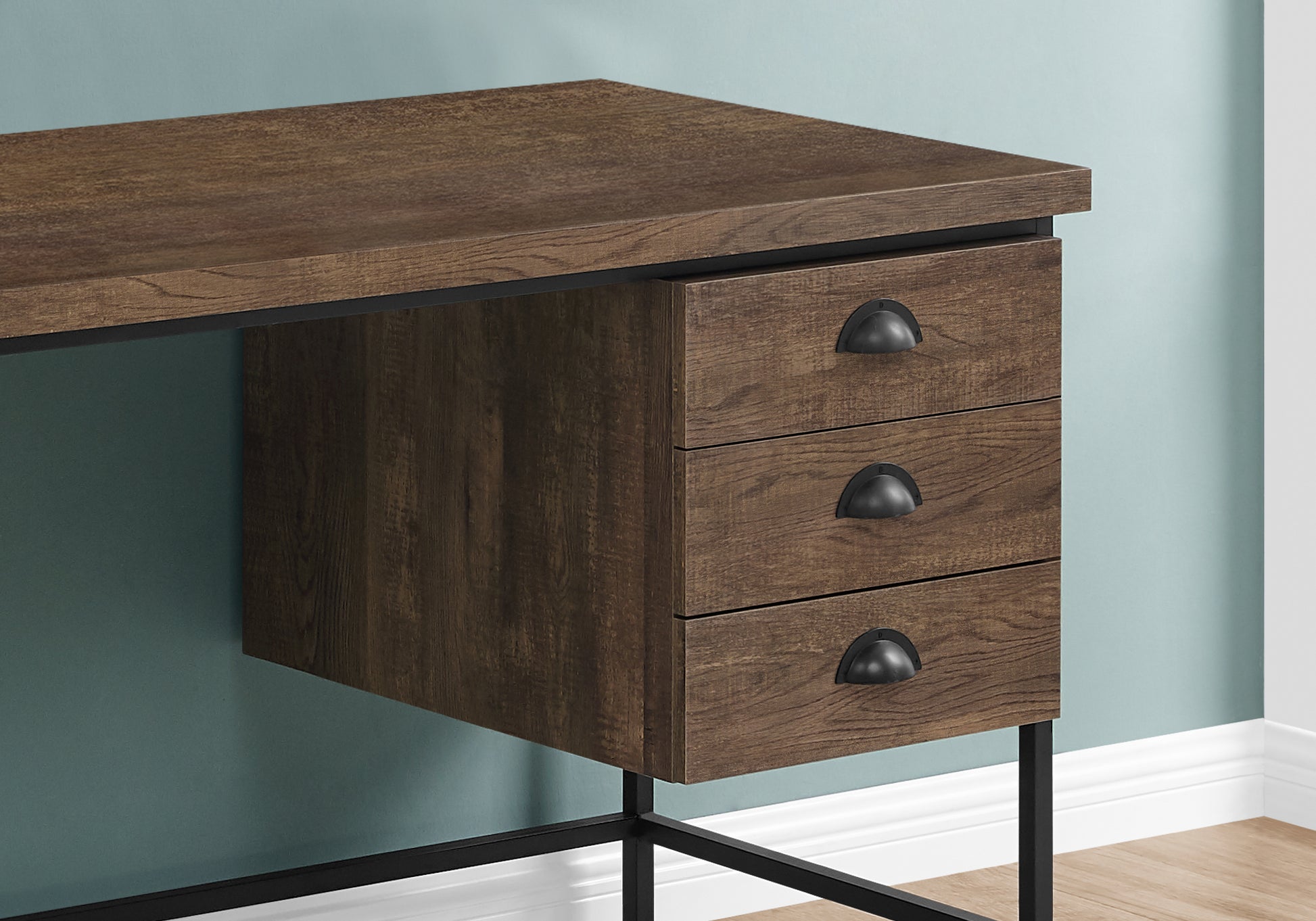 Rustic wood desk with three black drawer pulls modern home office furniture