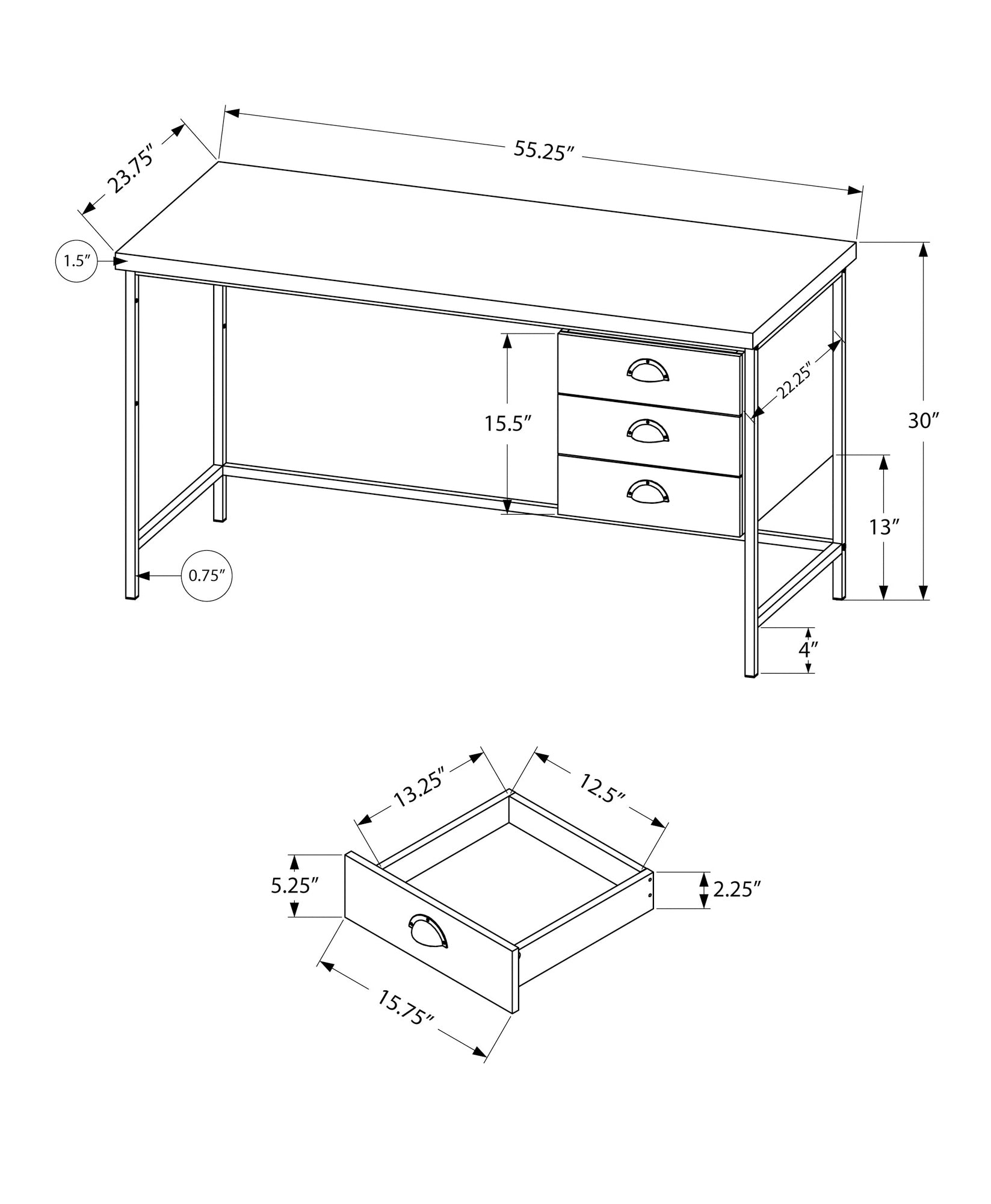 Drawing of a modern desk with three drawers  W x  D x  H