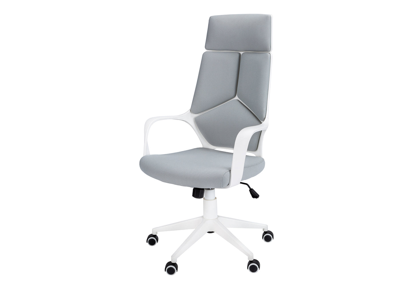 Modern gray ergonomic office chair with white frame and adjustable height