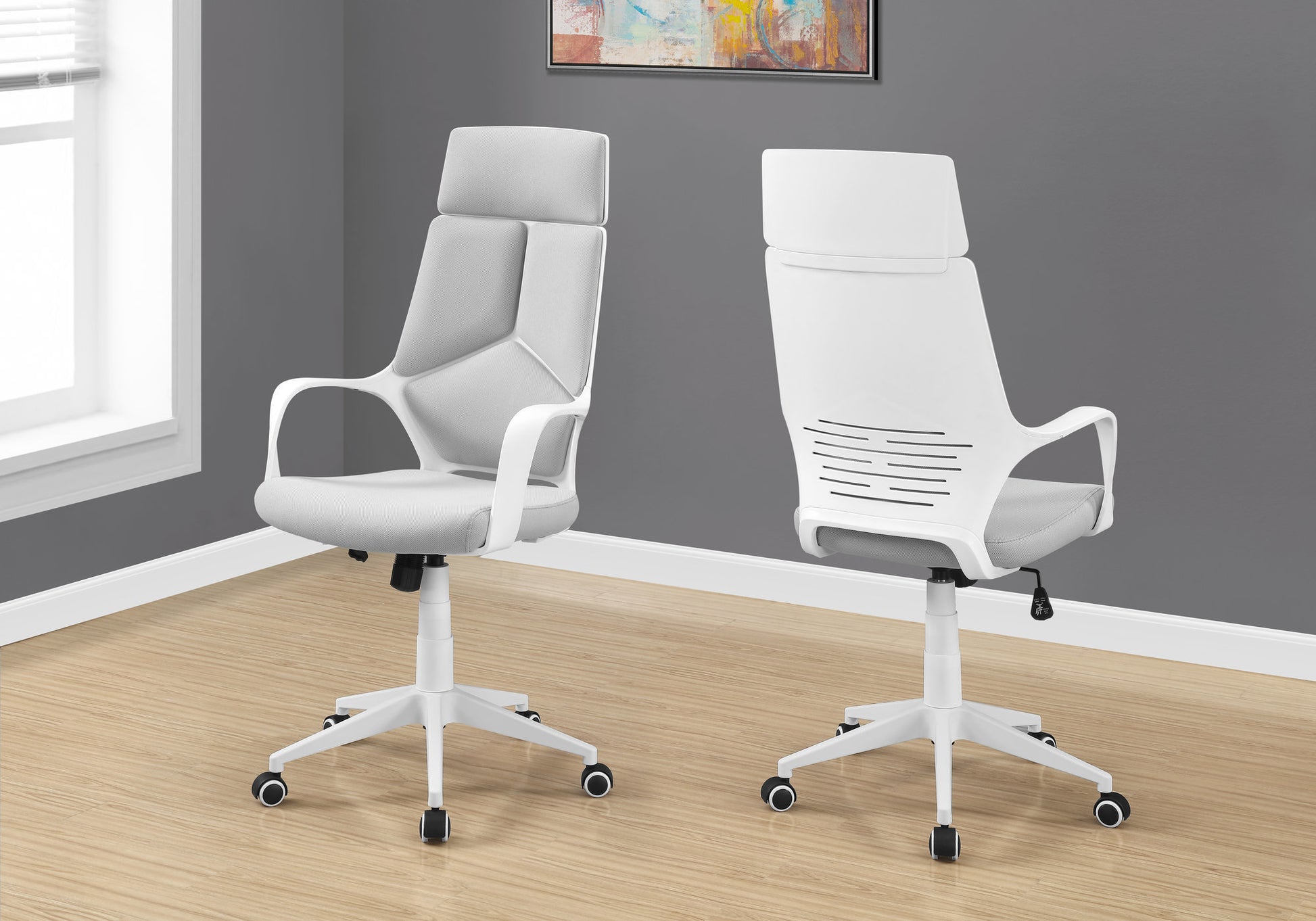 Light grey ergonomic mesh office chair with white frame and wheels