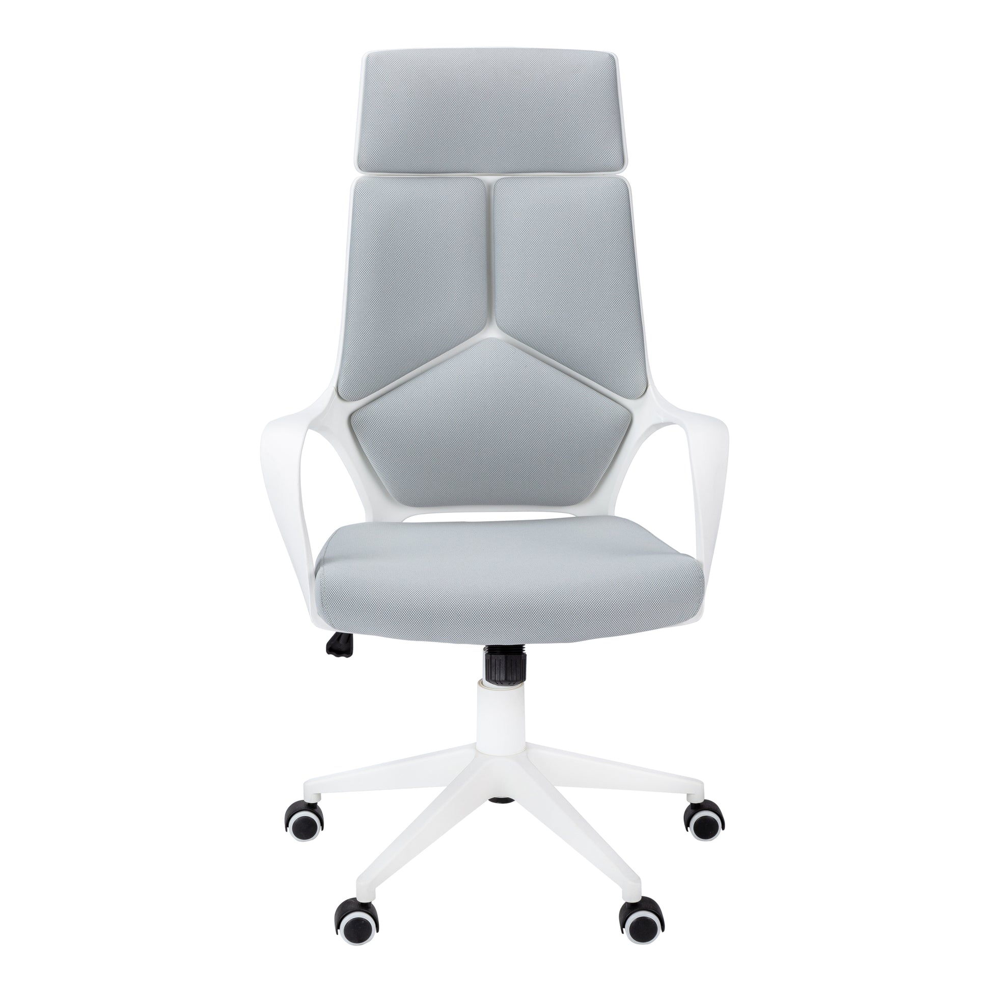 Modern ergonomic office chair with grey upholstered seat and back