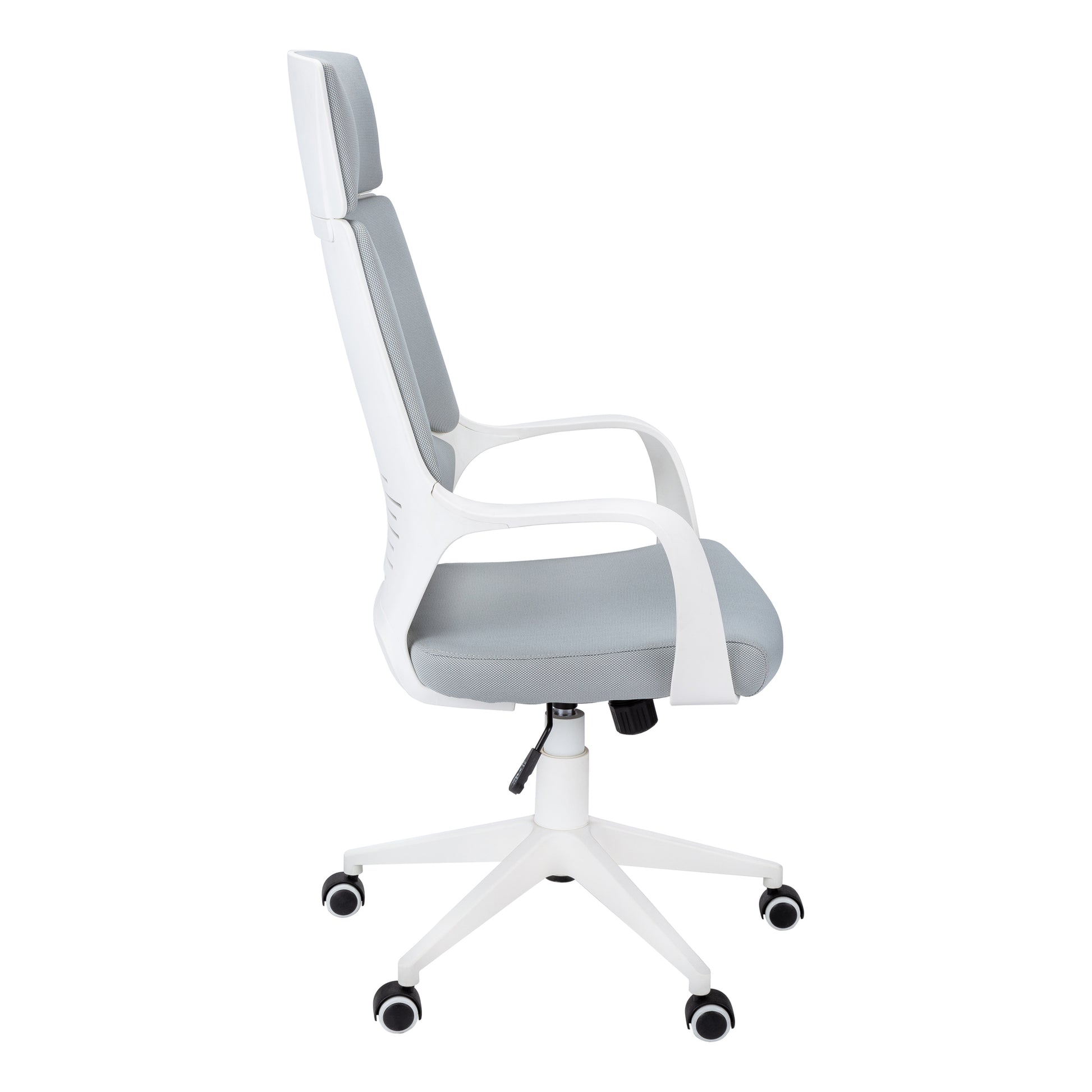 Ergonomic office chair with grey mesh seat and white frame adjustable headrest