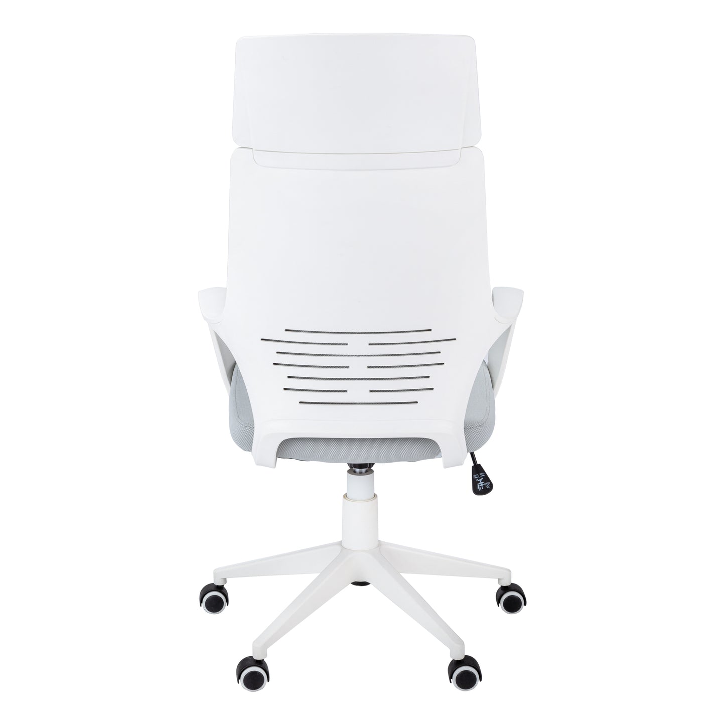 White ergonomic office chair with mesh seat and adjustable lever
