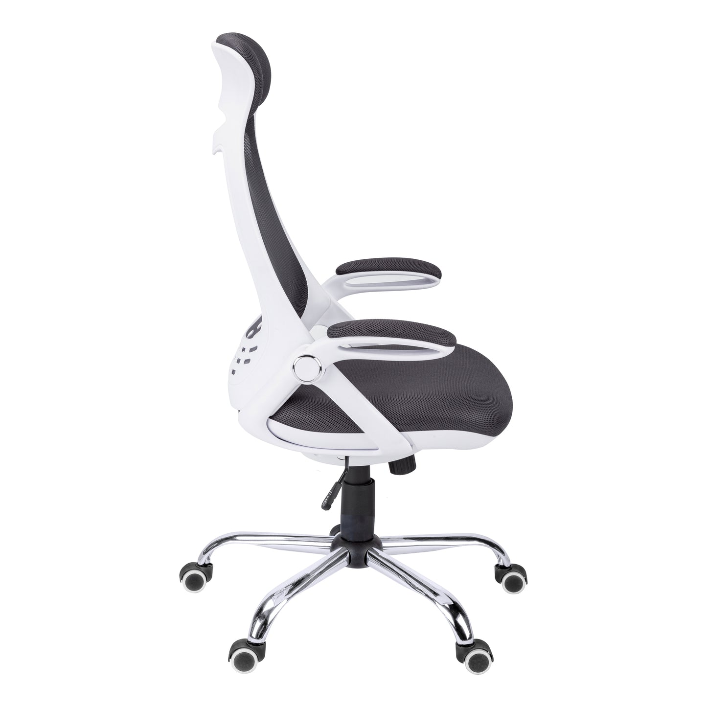 White ergonomic mesh office chair with black seat and armrests ideal for home desk