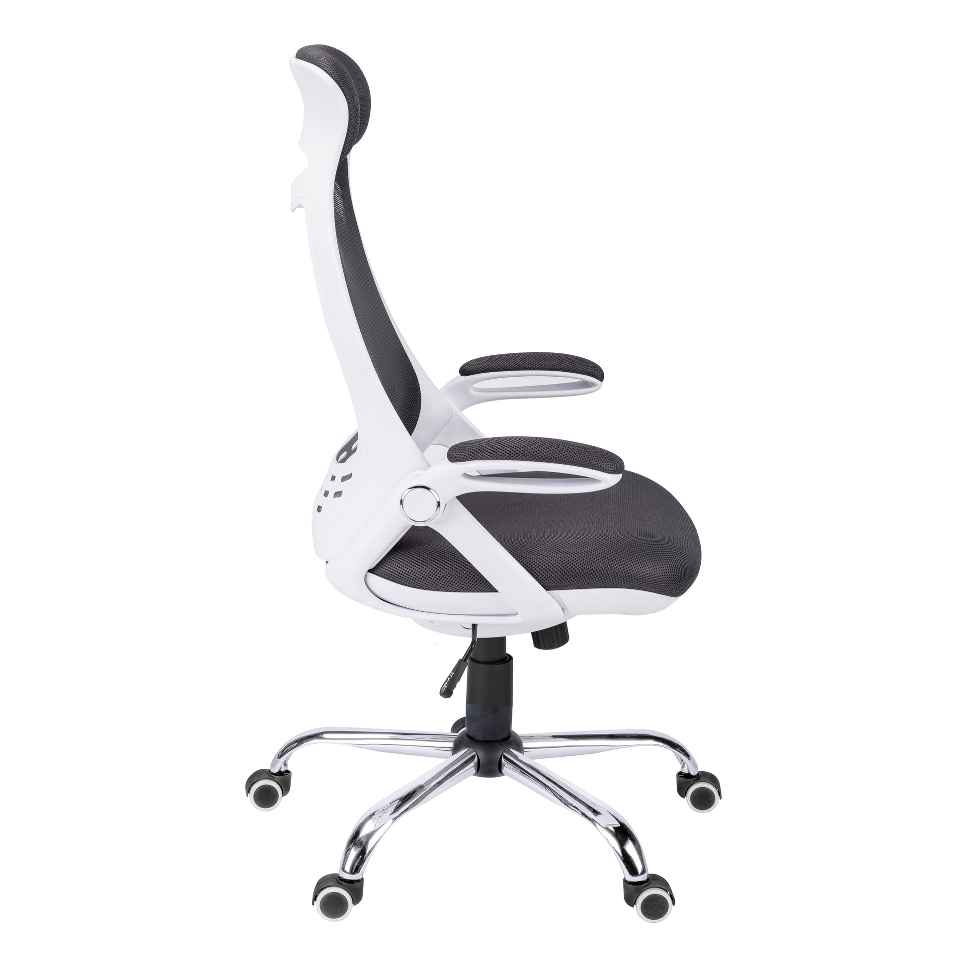White ergonomic mesh office chair with black seat and armrests ideal for home desk